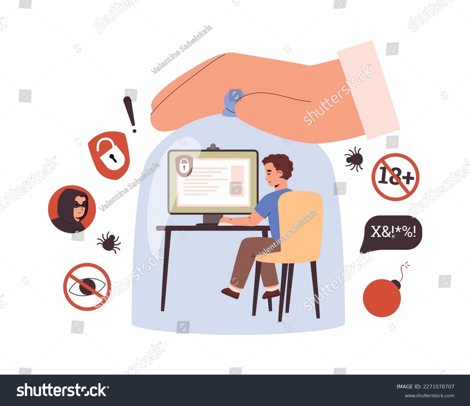 SVG of Kid boy sitting under large glass jar flat style, vector illustration isolated on white background. Children internet safety concept, huge hand, protection from stranger and inappropriate content svg