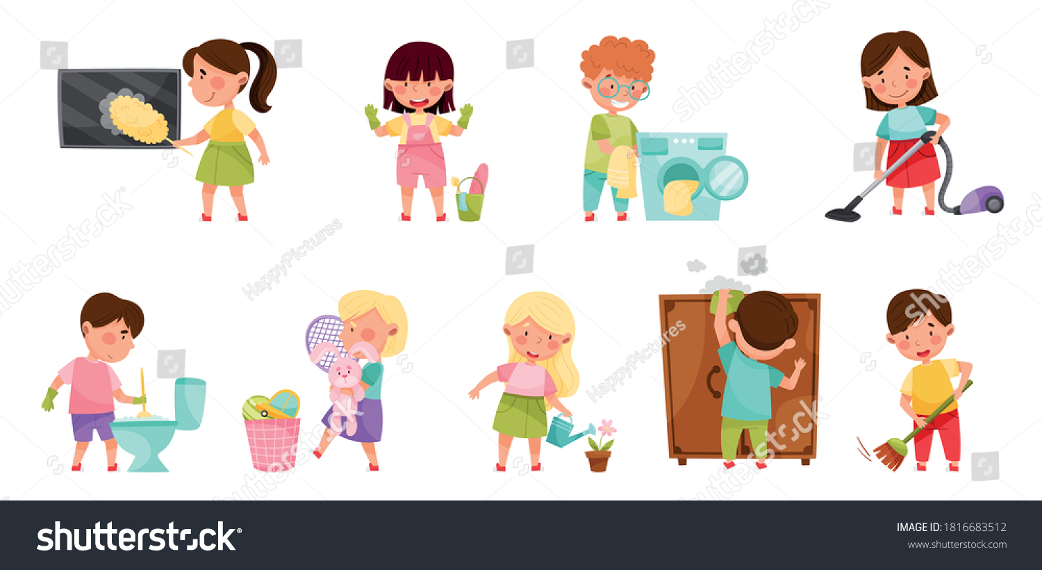 Kid Characters Cleaning Room Doing Household Stock Vector (Royalty Free ...