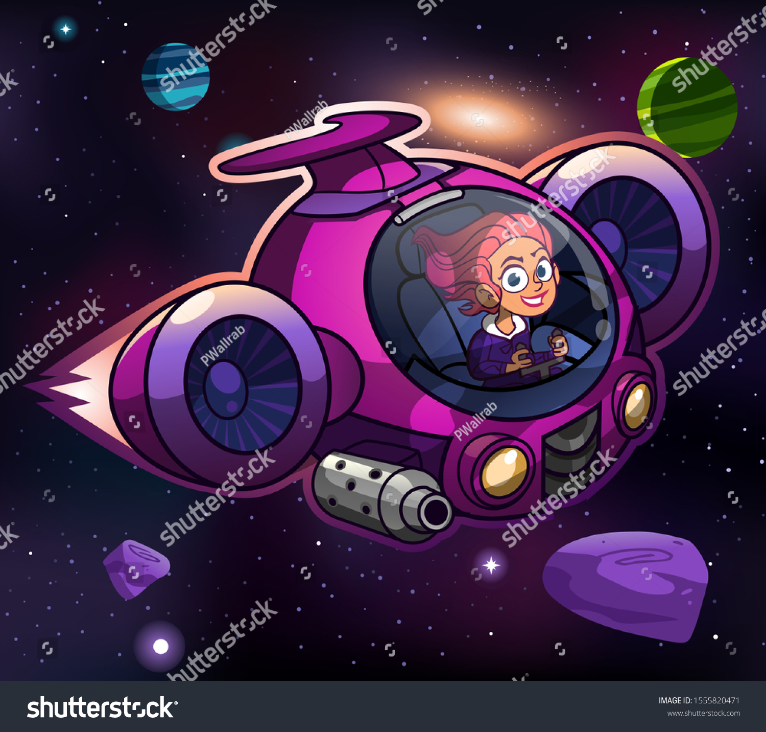 Kid Flying Space Ship Through Asteroids เวกเตอร์สต็อก ปลอดค่า