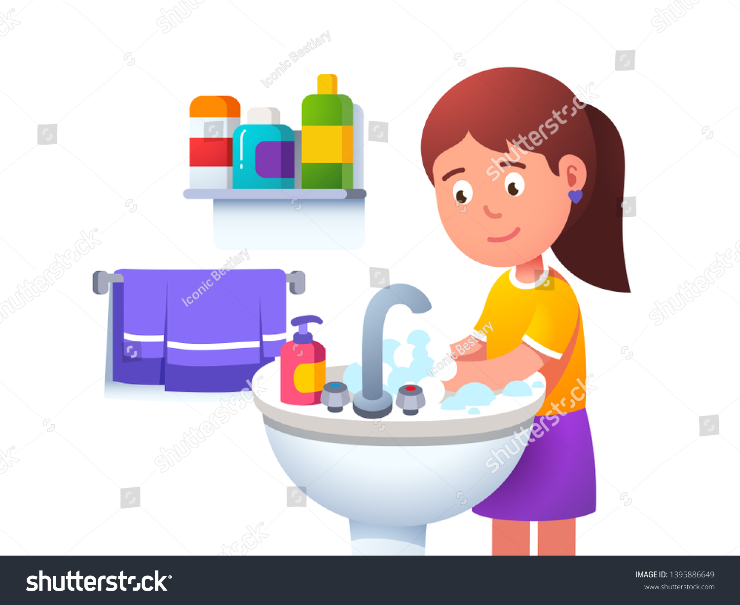 Kid Girl Washing Hands Washbowl Sink Stock Vector (royalty Free) 1395886649