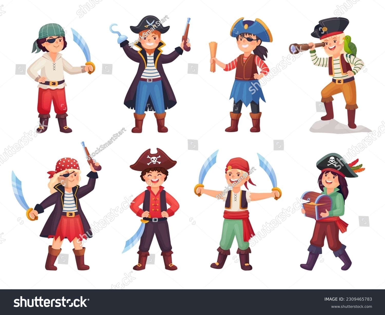 SVG of Kid pirate costumes. Child young pirates carnival costume, cartoon piratin fun character sea rover captain boy adventure sailor corsair girl buccaneer ingenious vector illustration of pirate carnival svg