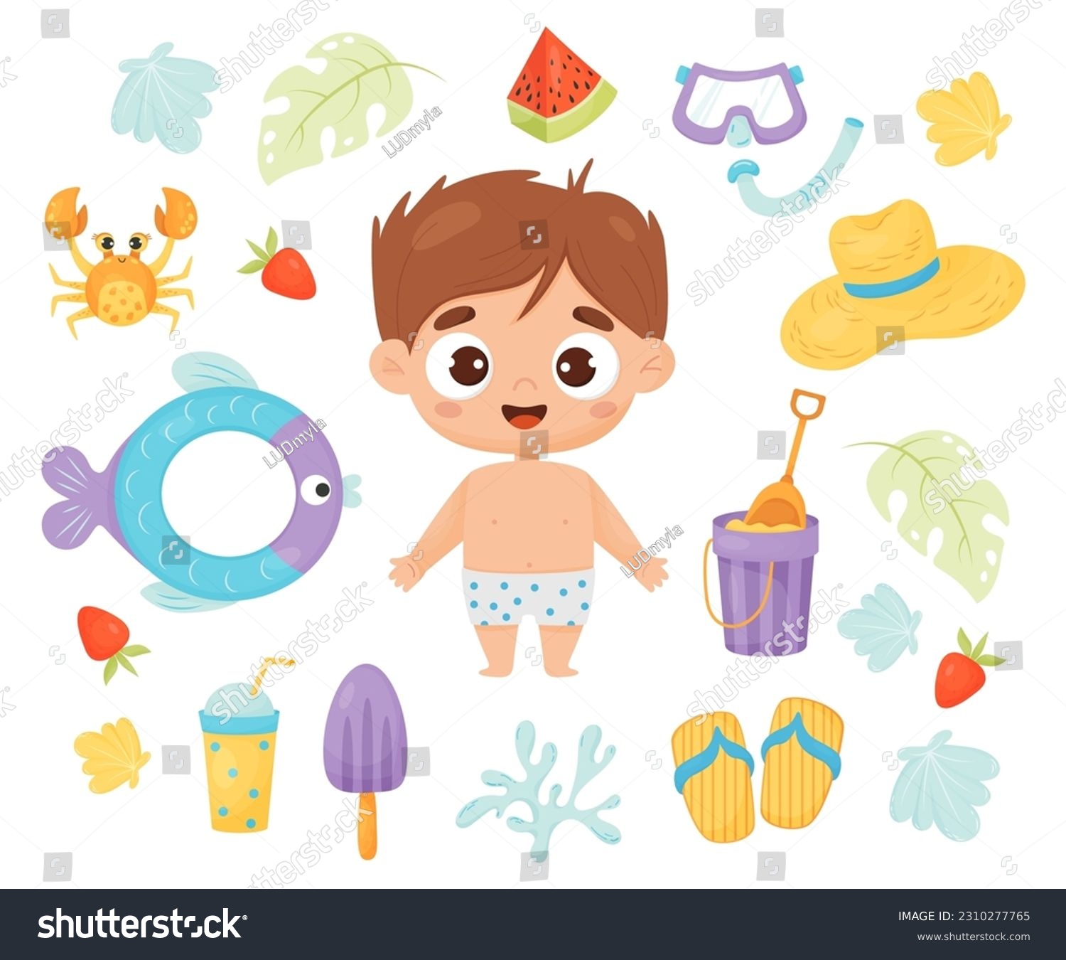 SVG of Kid summer time. Happy boy beachgoer with beach accessories, rubber circle, ice cream, cocktail, watermelon, sand bucket, straw hat, crab and shells. Isolated vector illustration in cartoon style svg