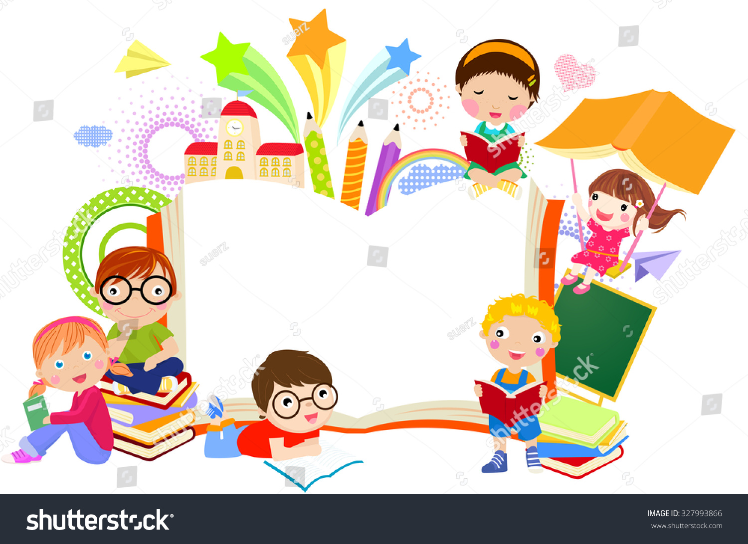 Kids And Book Frame Stock Vector 327993866 : Shutterstock