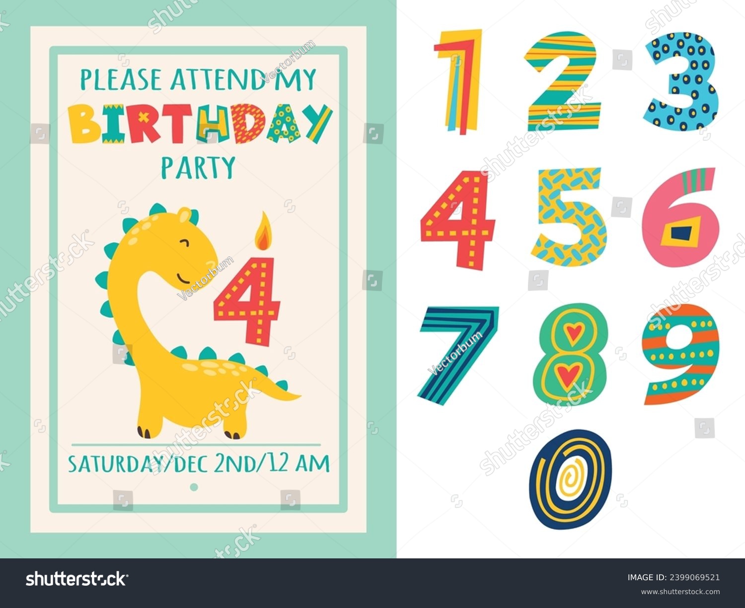 SVG of Kids anniversary numbers. Funny font design. Cute animal with candle in shape of four. Birthday card. Little dinosaur. Holiday invitation. Patterned alphabet symbols svg