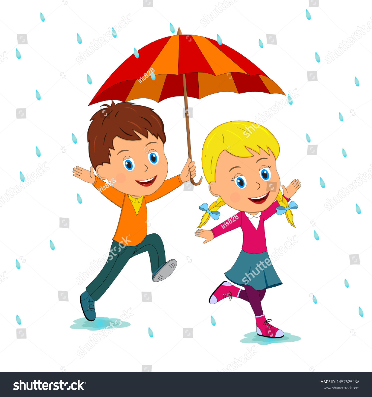 Kidsboy Girl Run Umbrella Rain Vector Stock Vector (Royalty Free ...