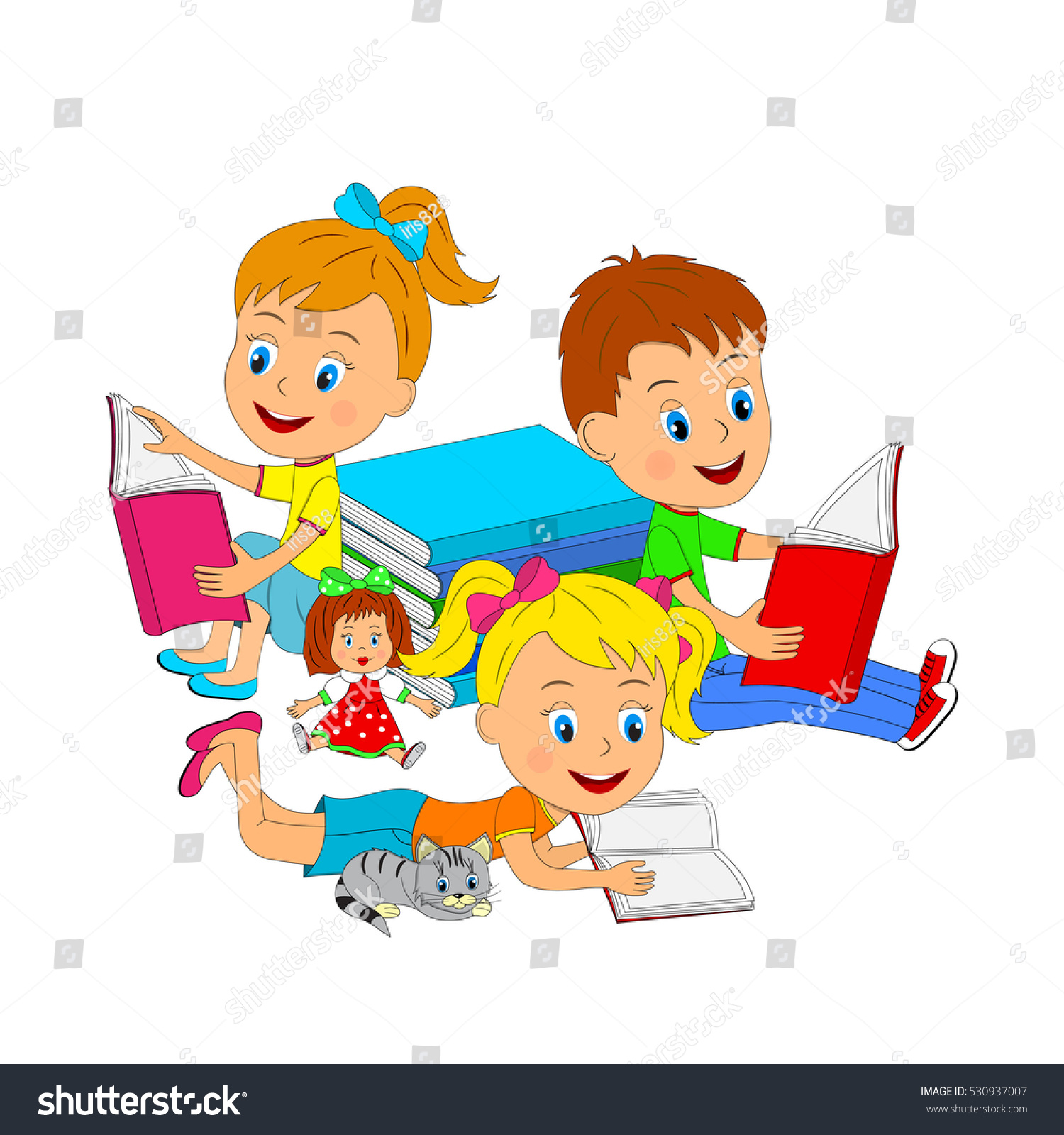 Kidsboy Girls Reading Book Illustration Vector Stock Vector 530937007 ...