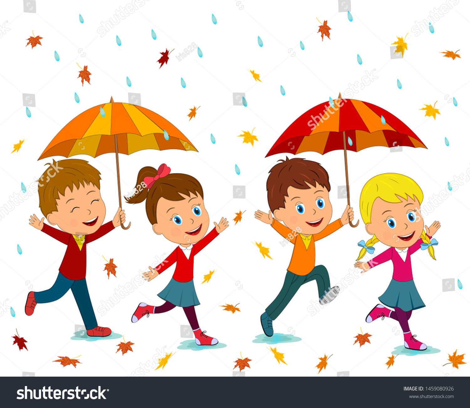 Kidsboys Girls Run Umbrella Rain Vector Stock Vector Royalty Free