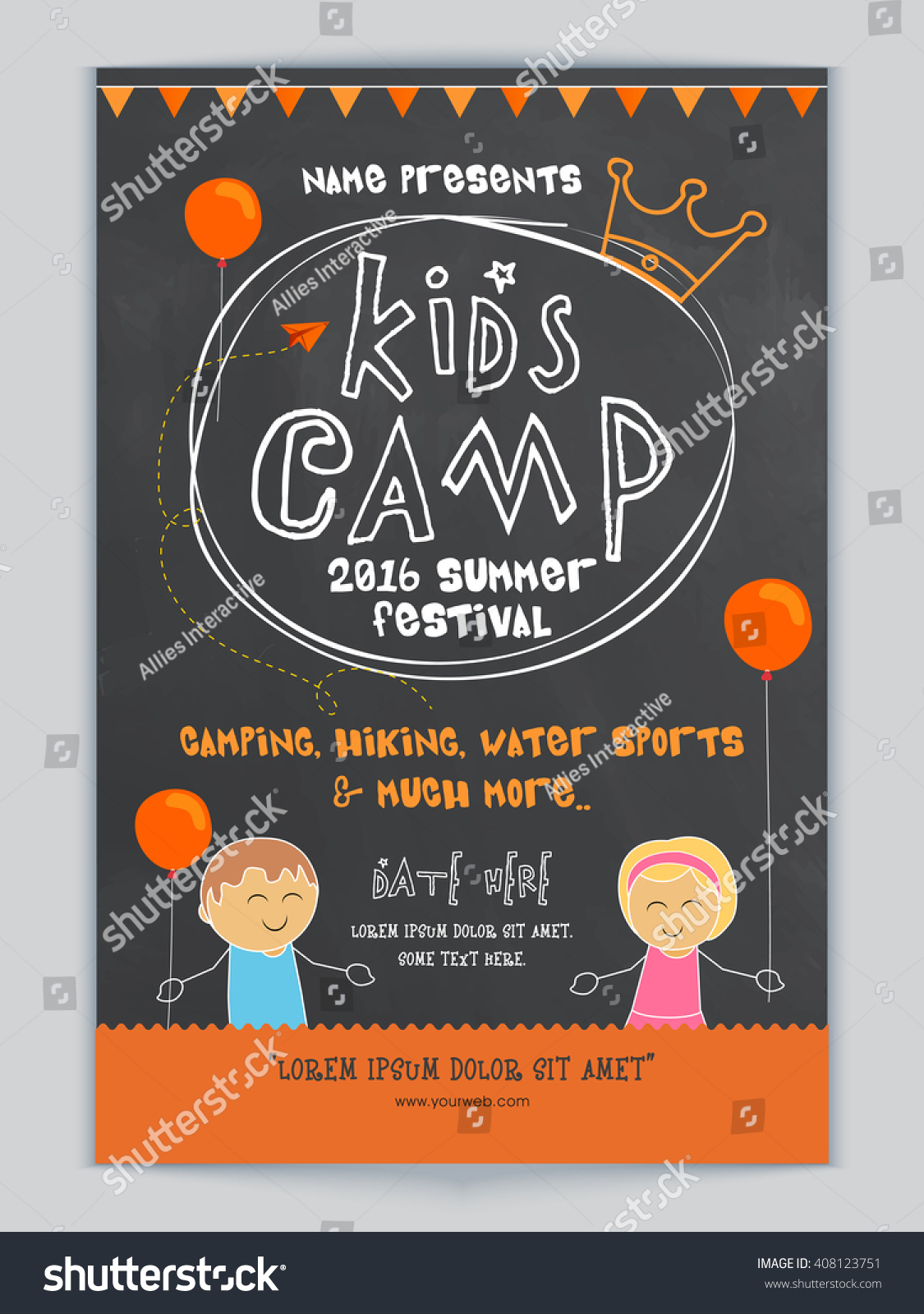 キッズキャンプ 夏祭りのお祝いテンプレート バナー チラシのデザイン かわいい子どもたちやパーティーの詳細をイラストにした画像 のベクター画像素材 ロイヤリティフリー