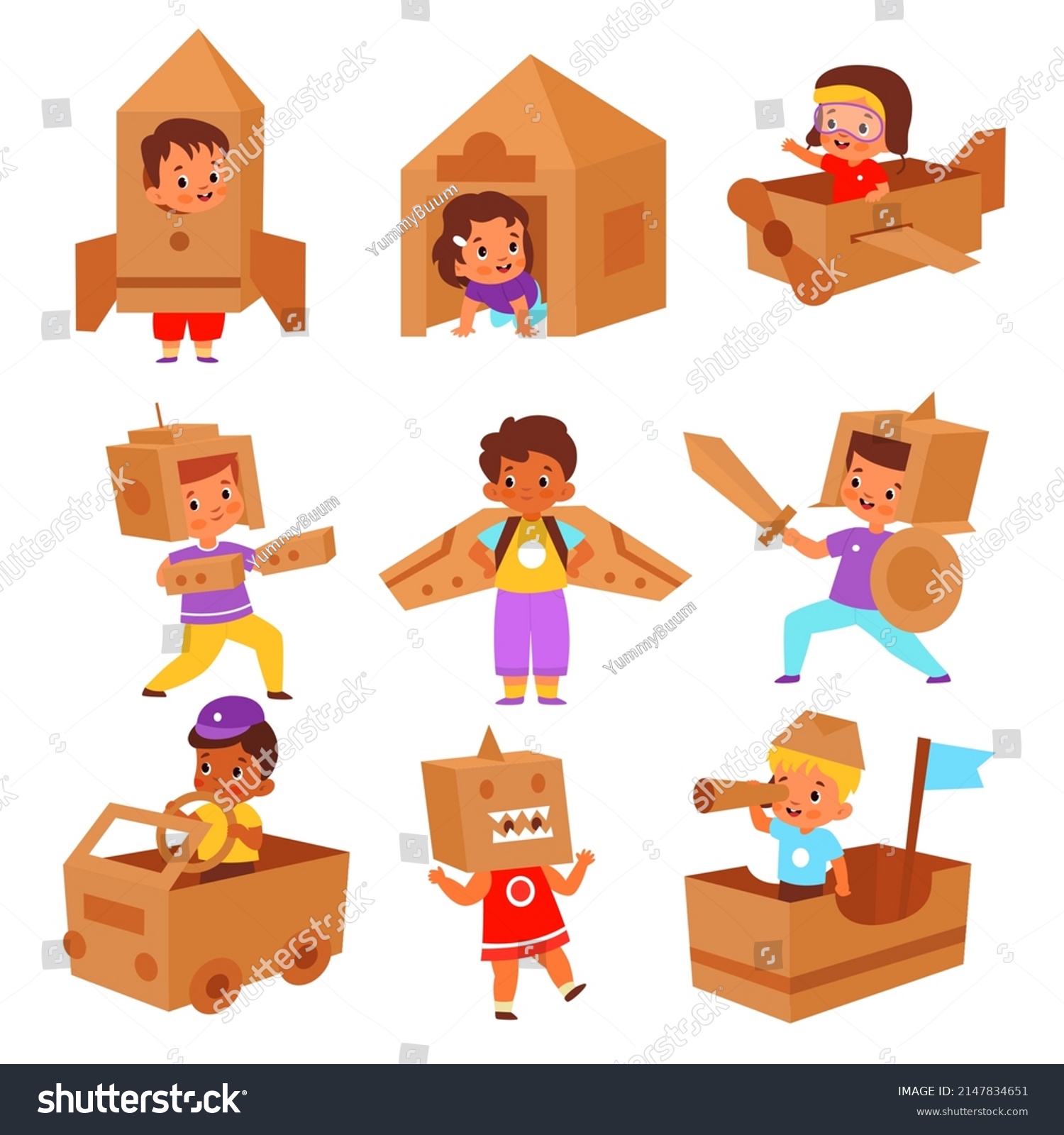 Kids Cardboard Boxes Cartoon Children Characters Stock Vector (Royalty ...