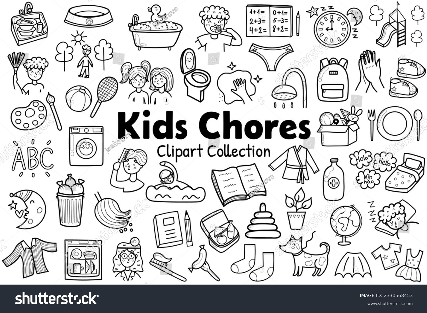 SVG of Kids chores clipart collection in outline. Black and white daily routine icons set. Tasks stickers for creating reward chart. Vector illustration svg