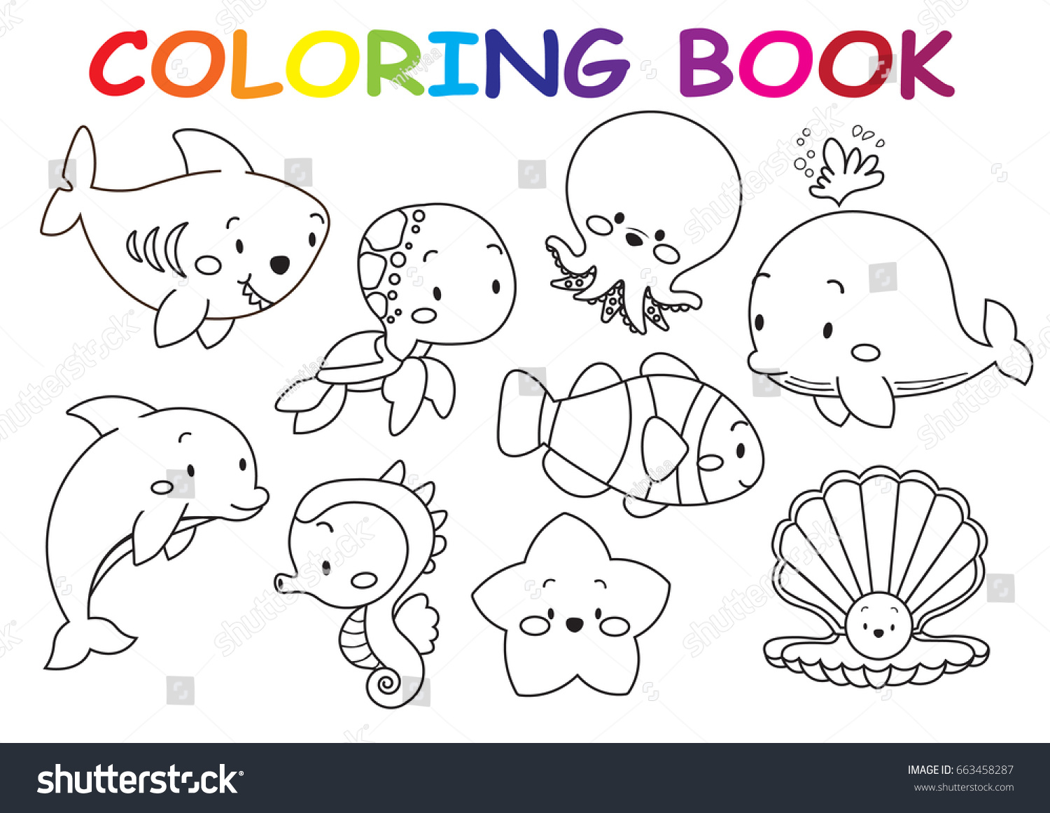 Kids Coloring Page Collection Cute Sea Stock Vector Royalty Free ...