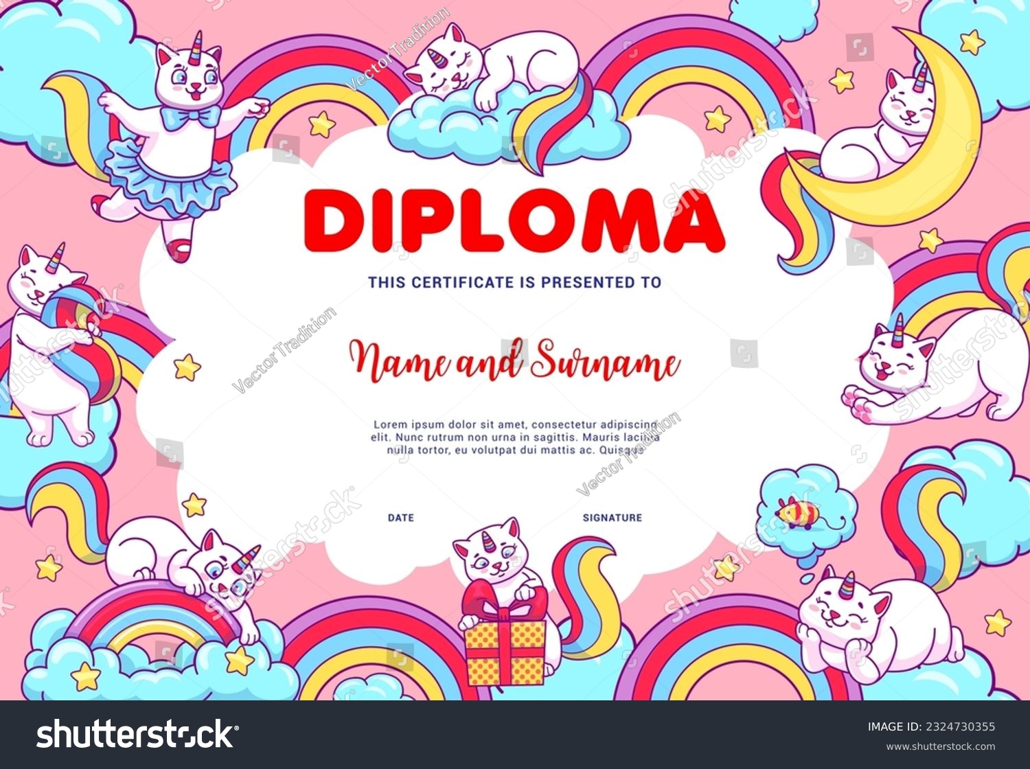 SVG of Kids diploma, cartoon caticorn cats on rainbow and clouds, vector education certificate. Cute cat unicorn or caticorn kitten characters playing on school or kindergarten workshop diploma background svg