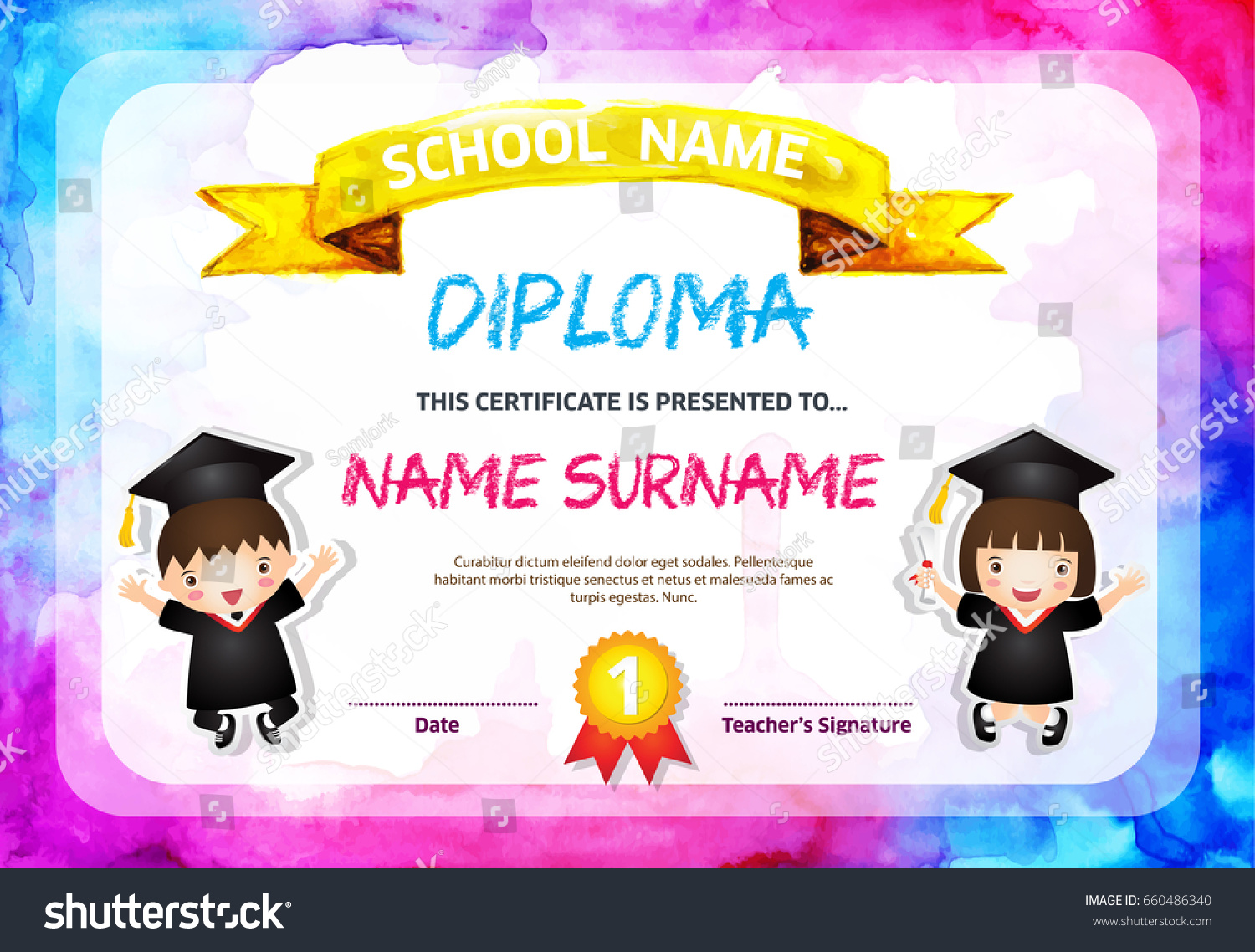 Kids Diploma Certificate Background Design Templatewatercolor Stock ...