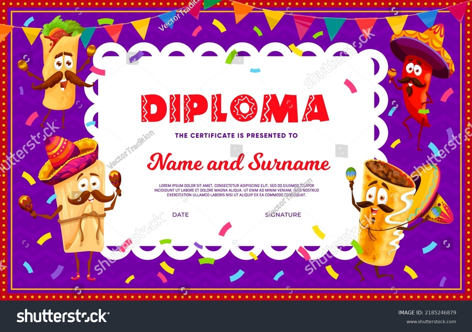 SVG of Kids diploma, mexican fiesta and cartoon tex mex food personages. Vector education school or kindergarten certificate with cartoon tamale, chimichanga, burritos and chili pepper mariachi musicians svg