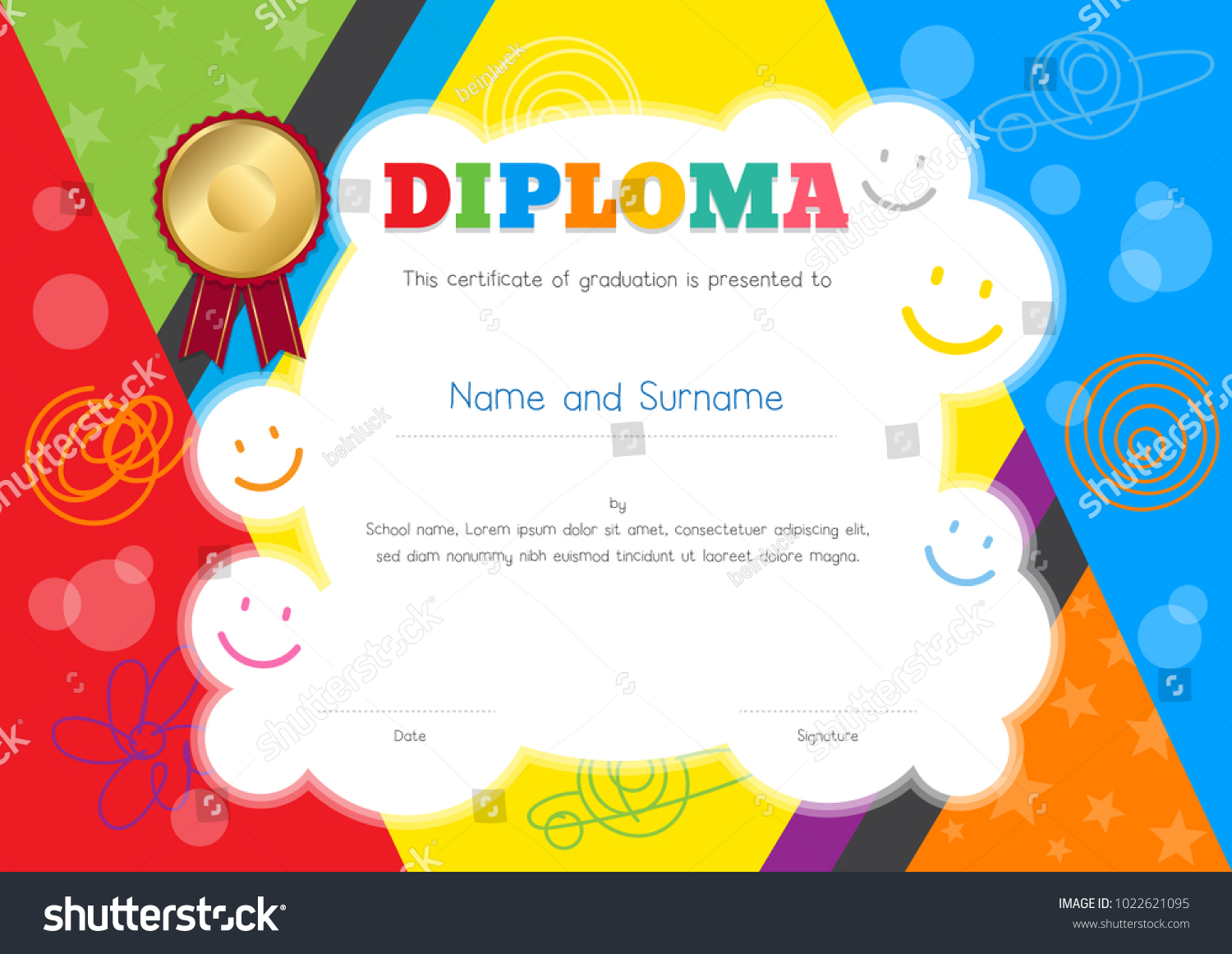 Kids Diploma Certificate Template Colorful Hand Stock Vector (Royalty ...