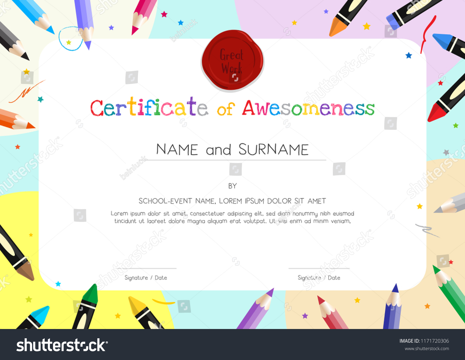 Vektor Stok Kids Diploma Certificate Template Painting Stuff Tanpa