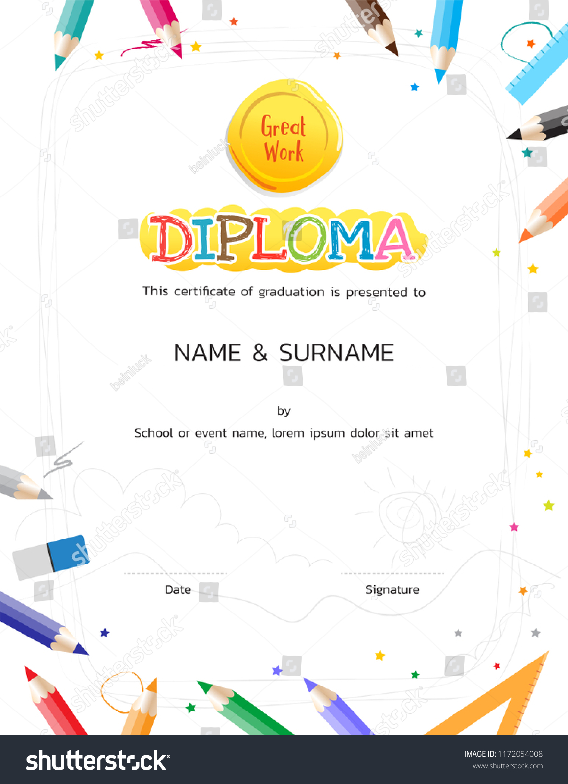 Vektor Stok Kids Diploma Certificate Template Painting Stuff Tanpa