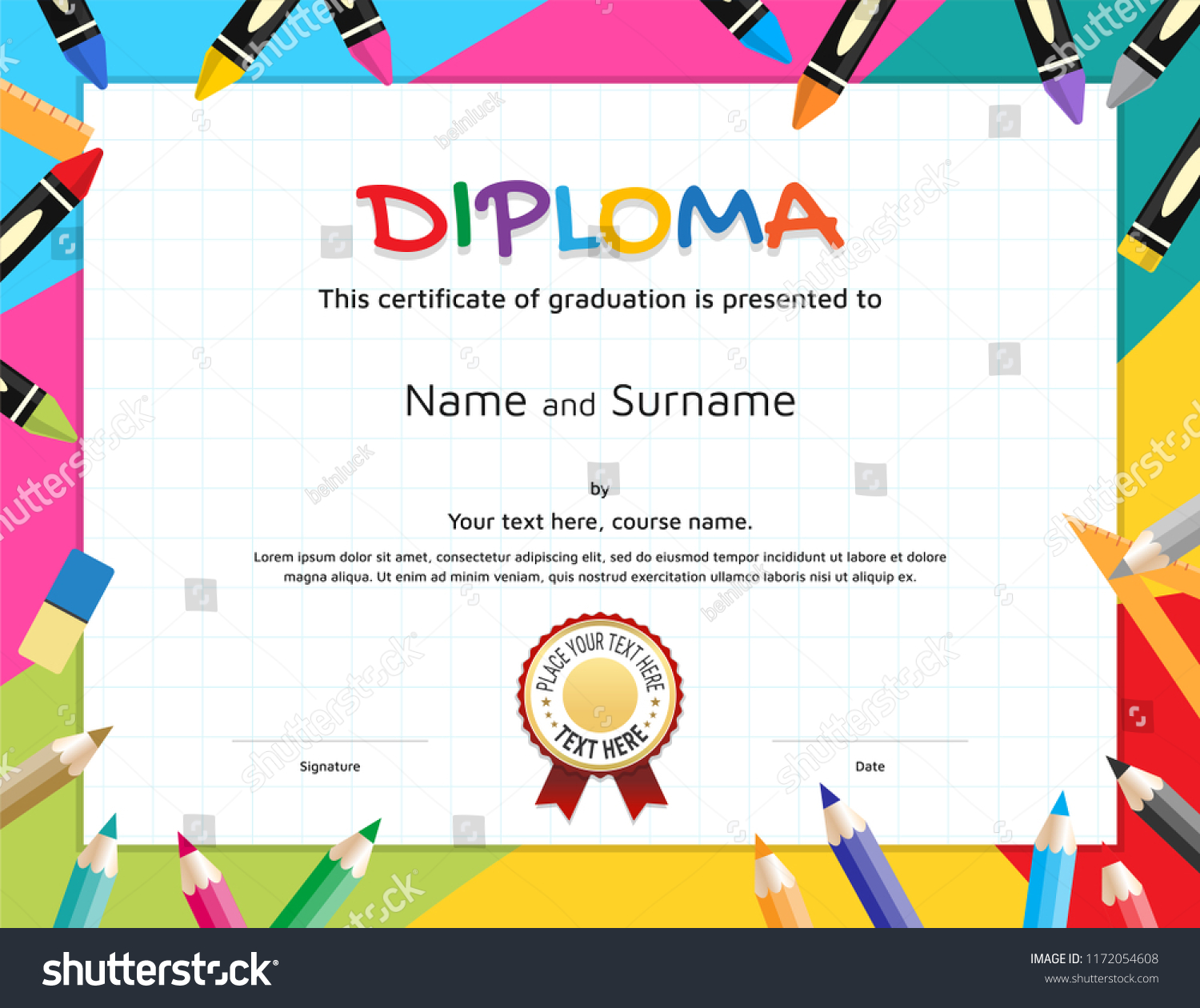 Kids Diploma Certificate Template Painting Stuff เวกเตอร์สต็อก ปลอด