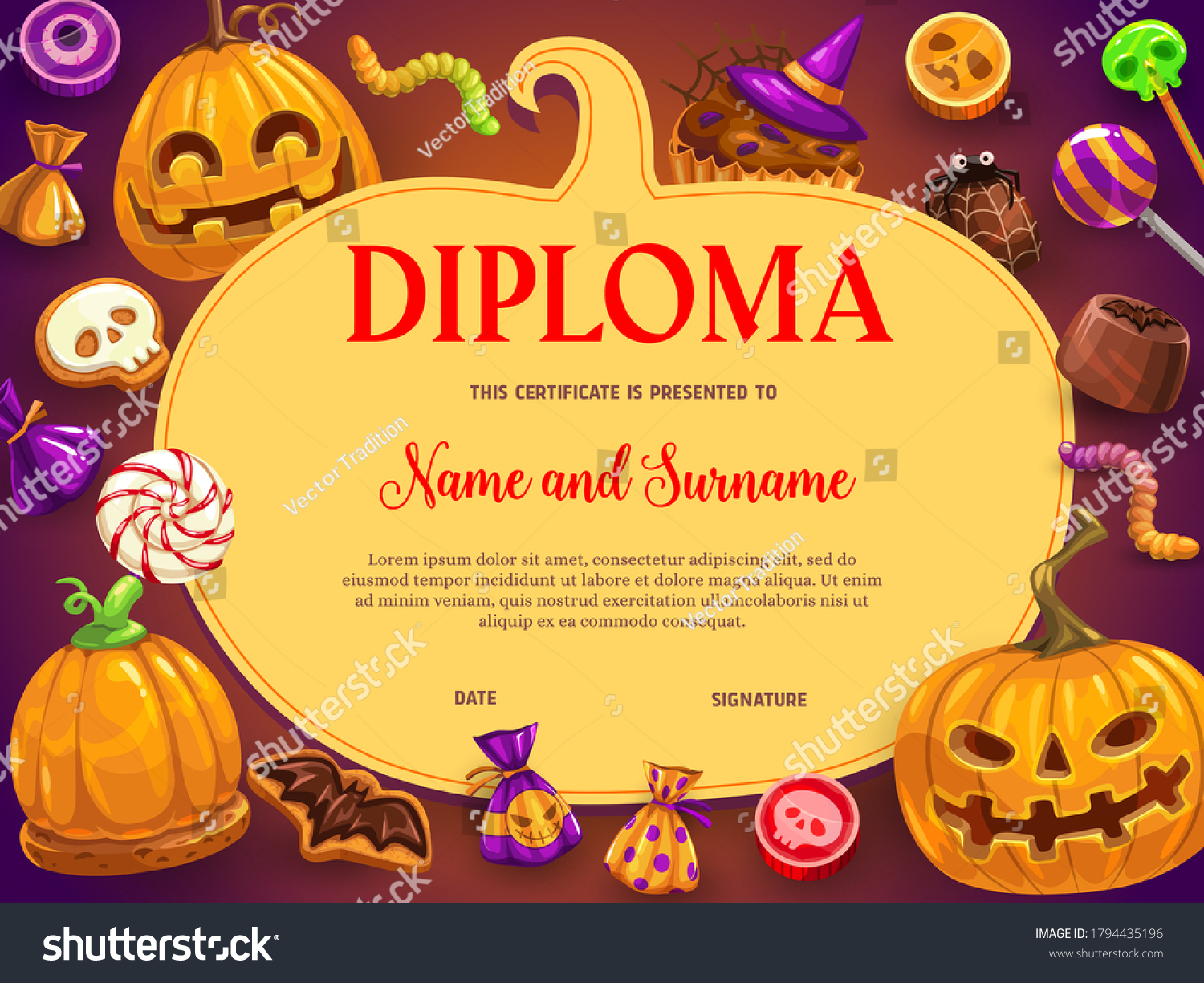 Kids Diploma Halloween Vector Sweets Pumpkin Stock Vector (Royalty Within Halloween Certificate Template