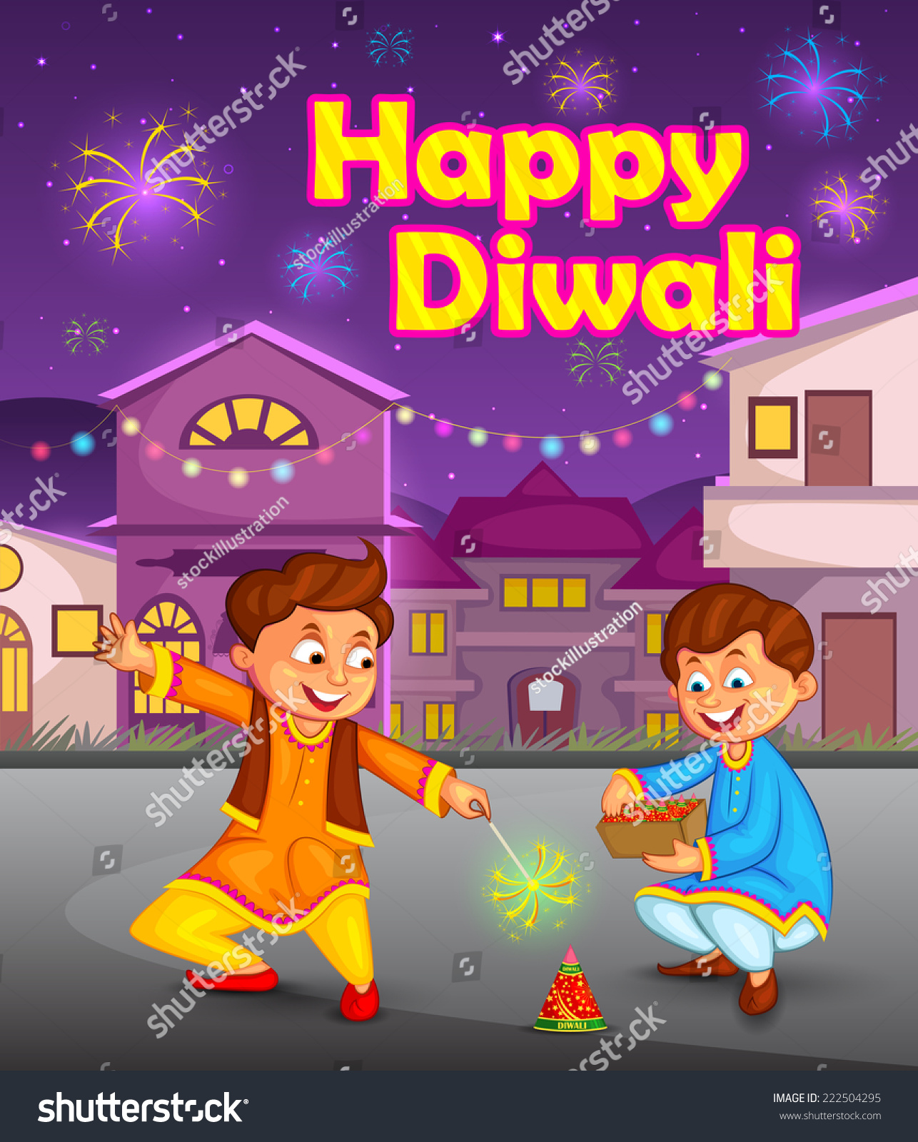 Kids Enjoying Firecracker Celebrating Diwali Vector Stock ...