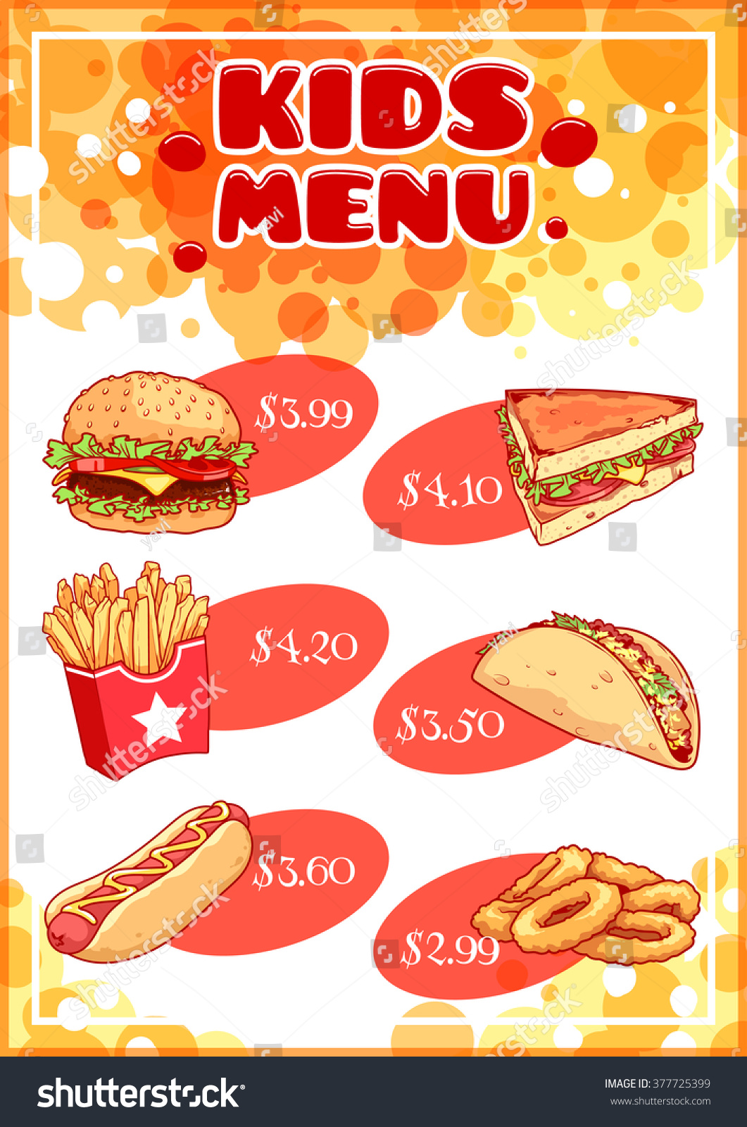 Kids Menu Fastfood Hamburger Hotdog Sandwich Stock Vector 377725399 ...