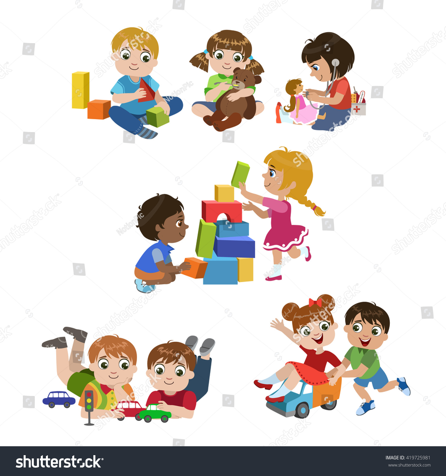 Kids Playing Indoors Set Of Colorful Simple Design Vector Drawings ...