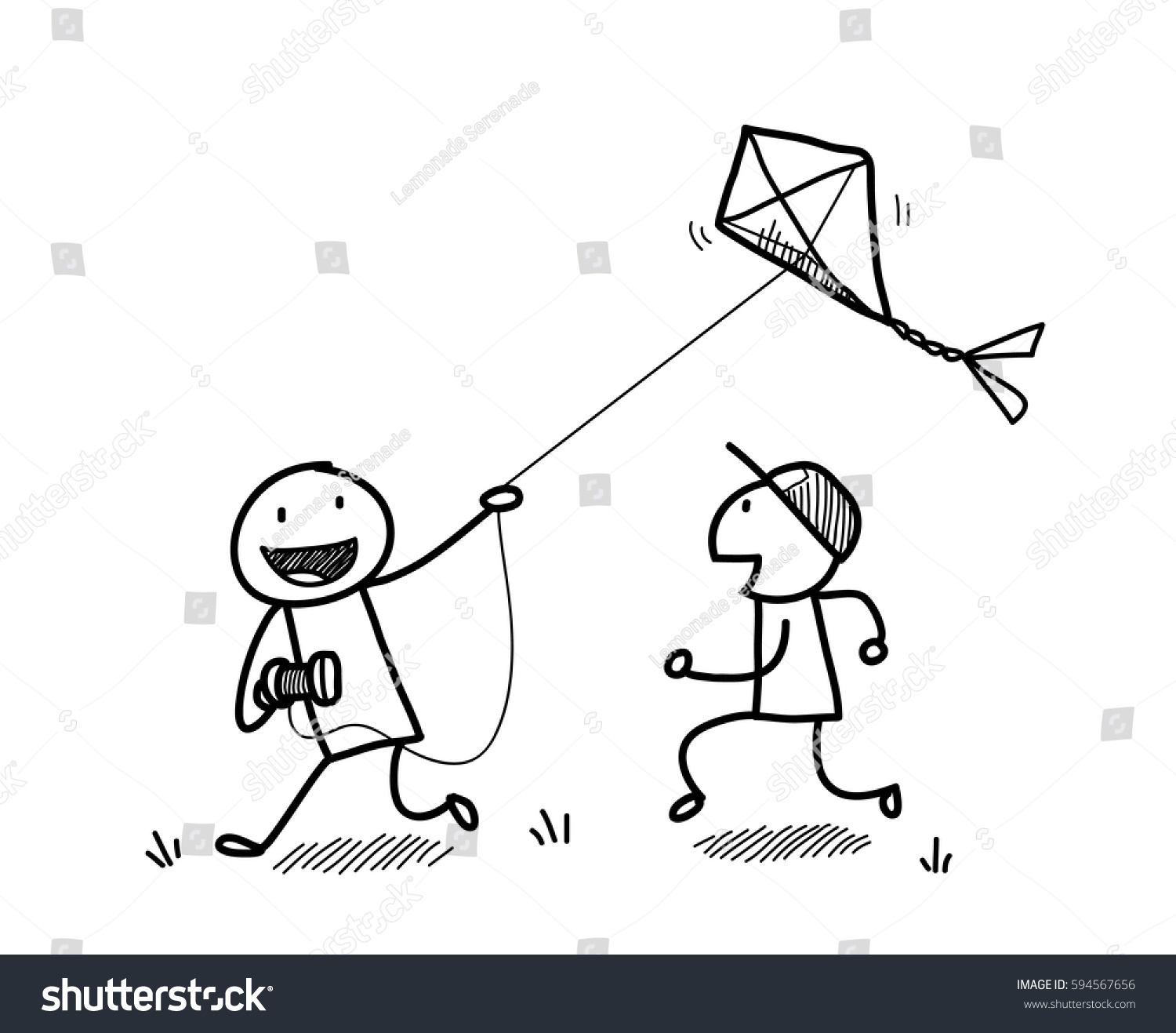 Kids Playing Kite Doodle Hand Drawn Stock Vector Royalty Free