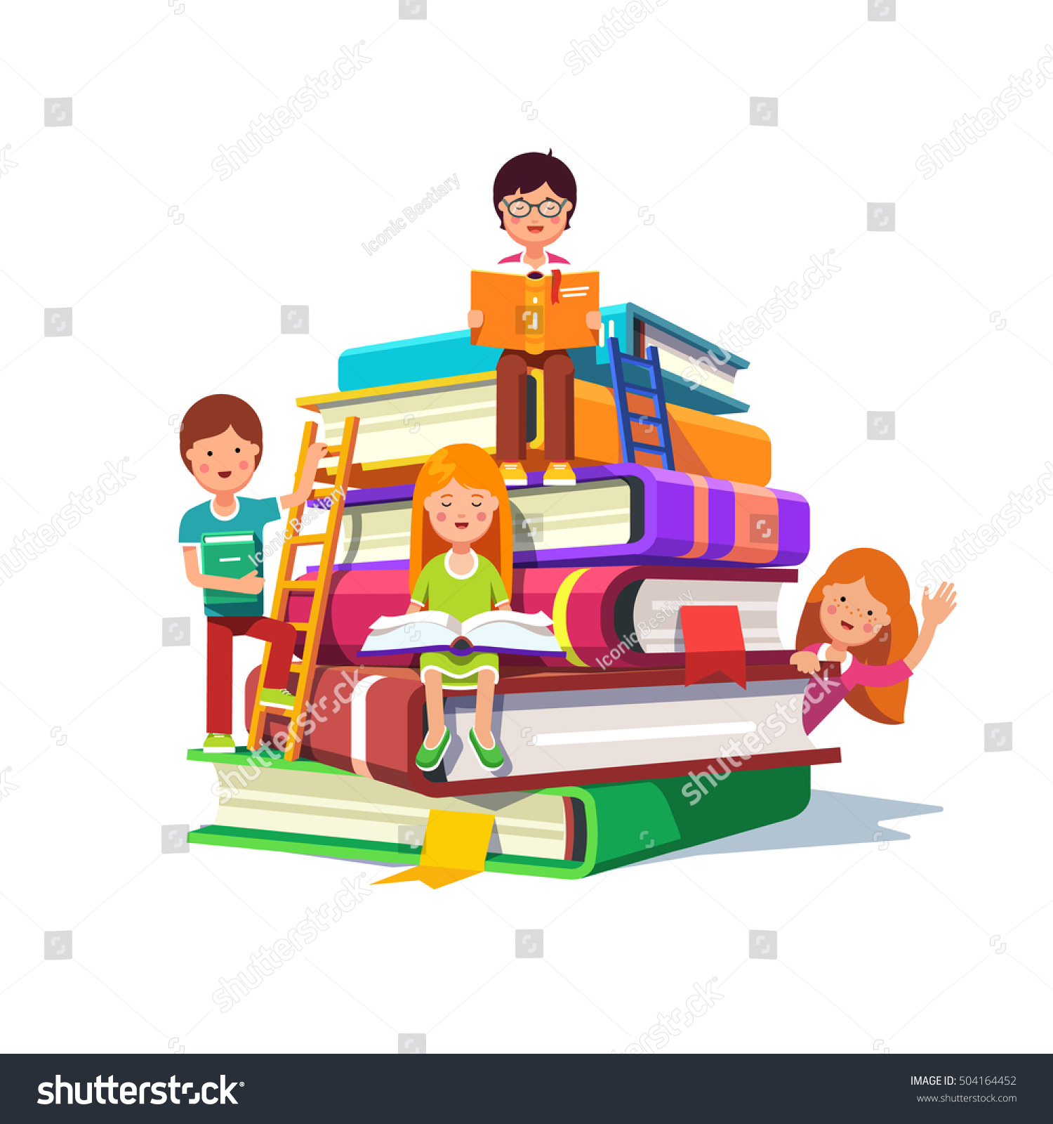 Kids Sitting Reading On Huge Pile Stock Vector 504164452 - Shutterstock