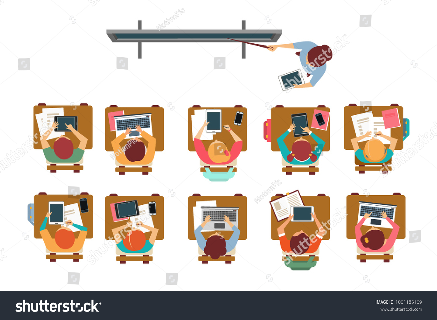 Kids Sitting Desks Classroom Teacher Standing Stock Vector