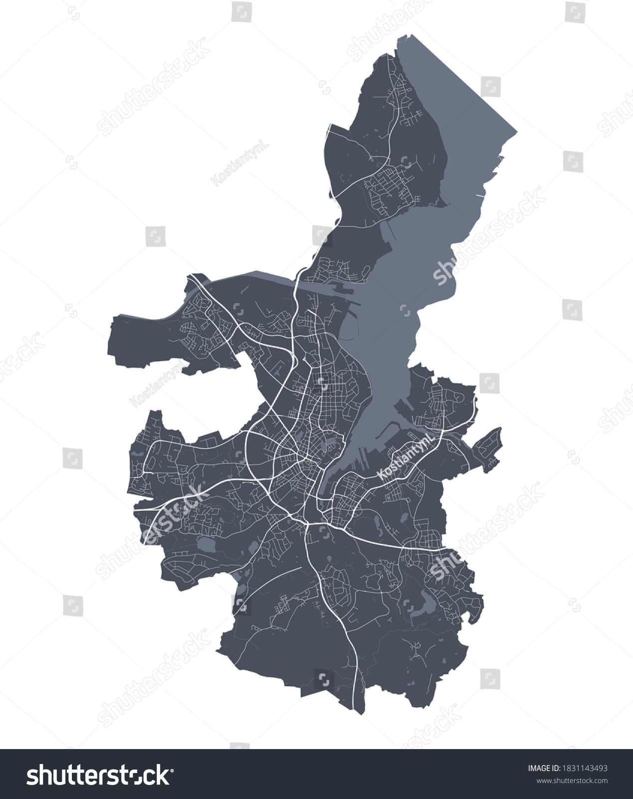 SVG of Kiel map. Detailed vector map of Kiel city administrative area. Cityscape poster metropolitan aria view. Dark land with white streets, roads and avenues. White background. svg
