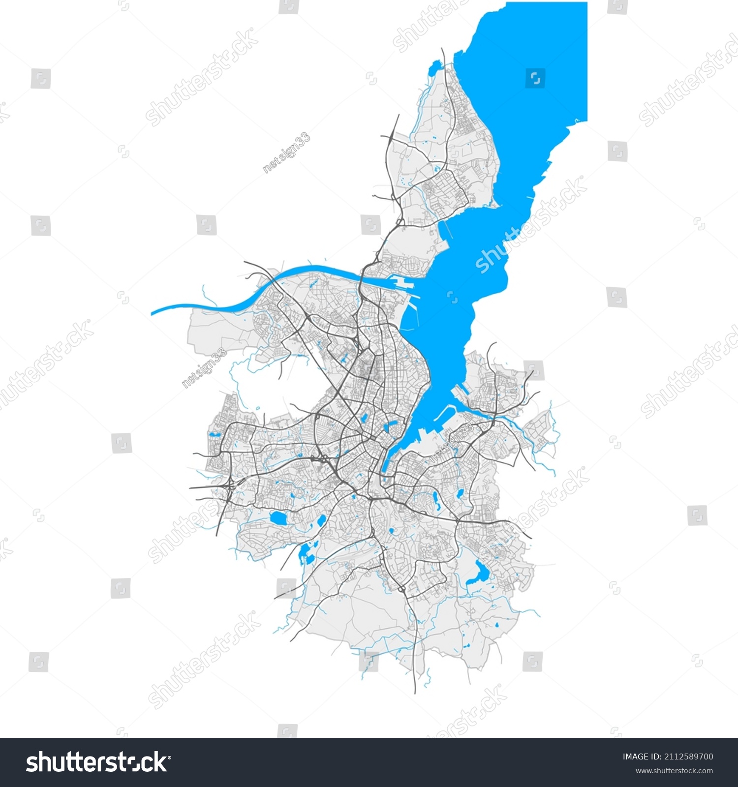 SVG of Kiel, Schleswig-Holstein, Germany high resolution vector map with city boundaries and editable paths. White outlines for main roads. Many detailed paths. Blue shapes and lines for water. svg