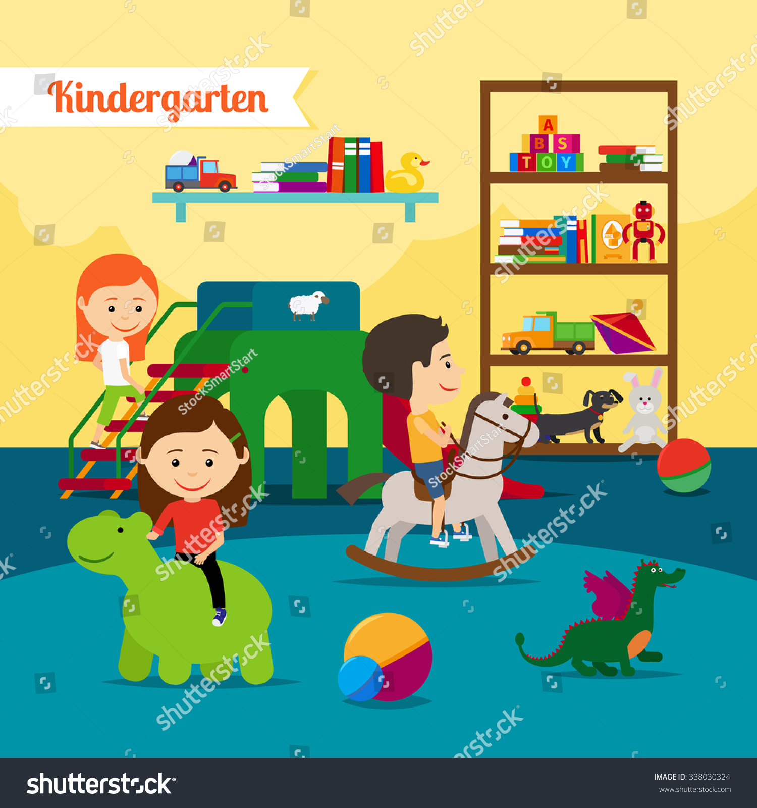 Kindergarten Children Playing Kinder Garden Vector Stock Vector Royalty Free