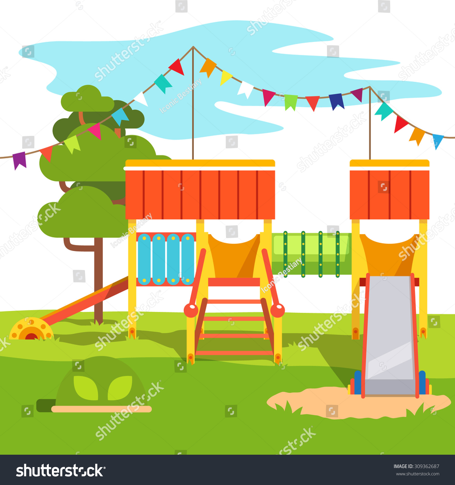 Kindergarten Outdoor Park Playground Slide. Flat Style Cartoon Vector ...