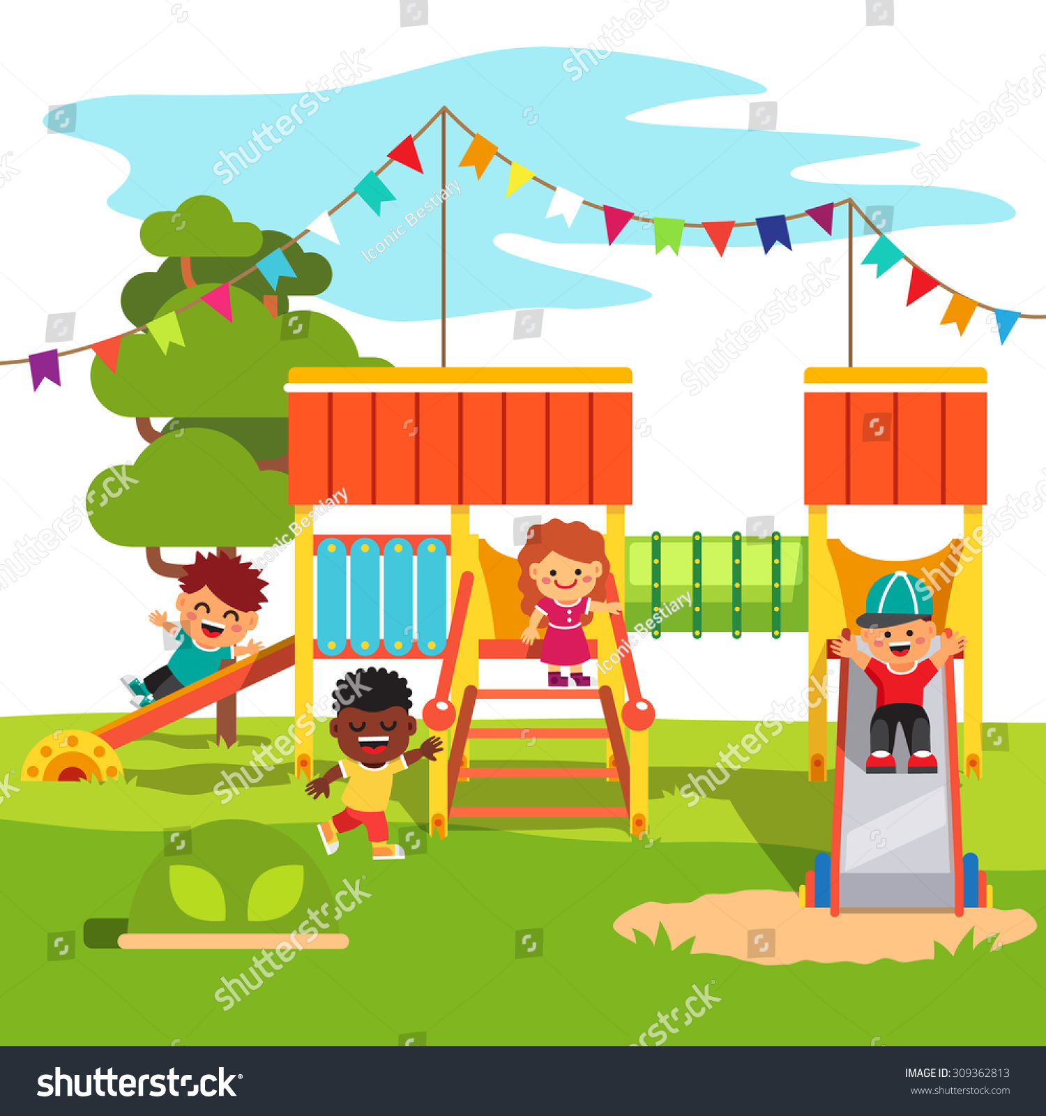 Kindergarten Outdoor Park Playground Slide Playing Stock Vector ...