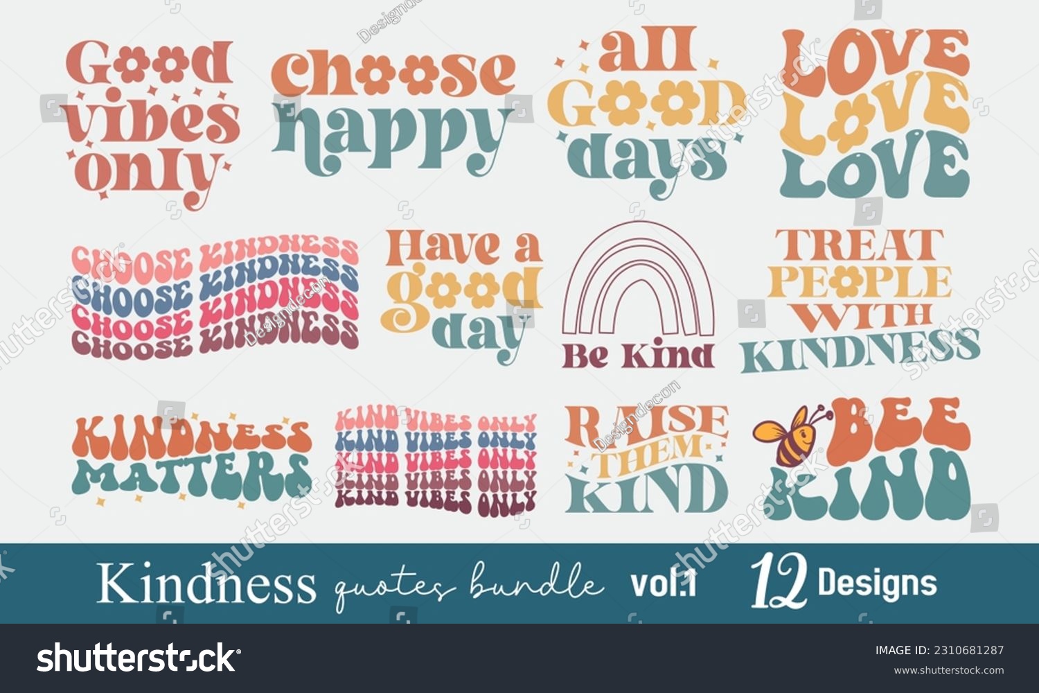 SVG of Kindness Kind Positive Quotes Collection Set Retro Boho Typographic Art Bundle on White Background svg