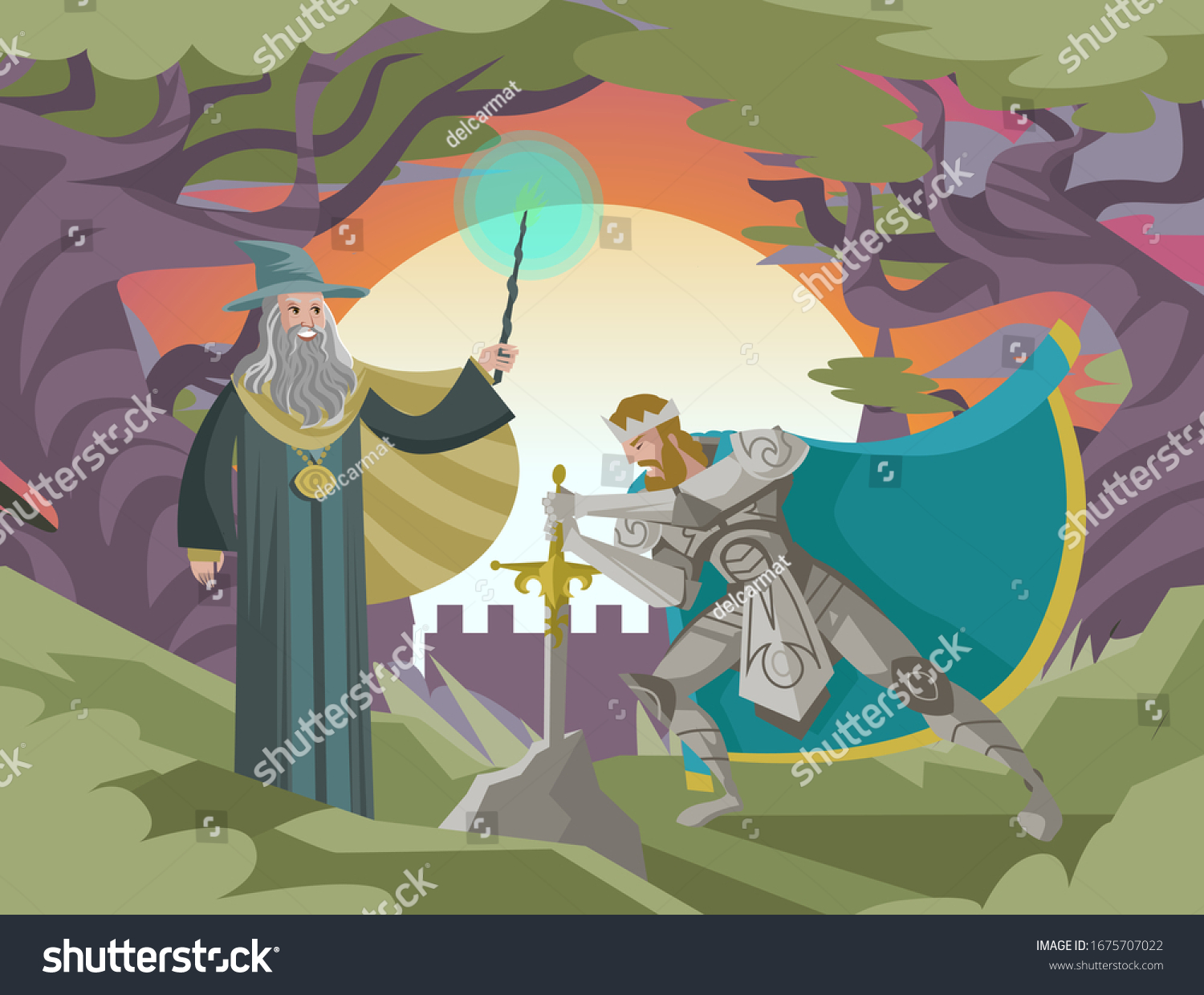 King Arthur Excalibur Rock Merlin Wizard Stock Vector (Royalty Free ...