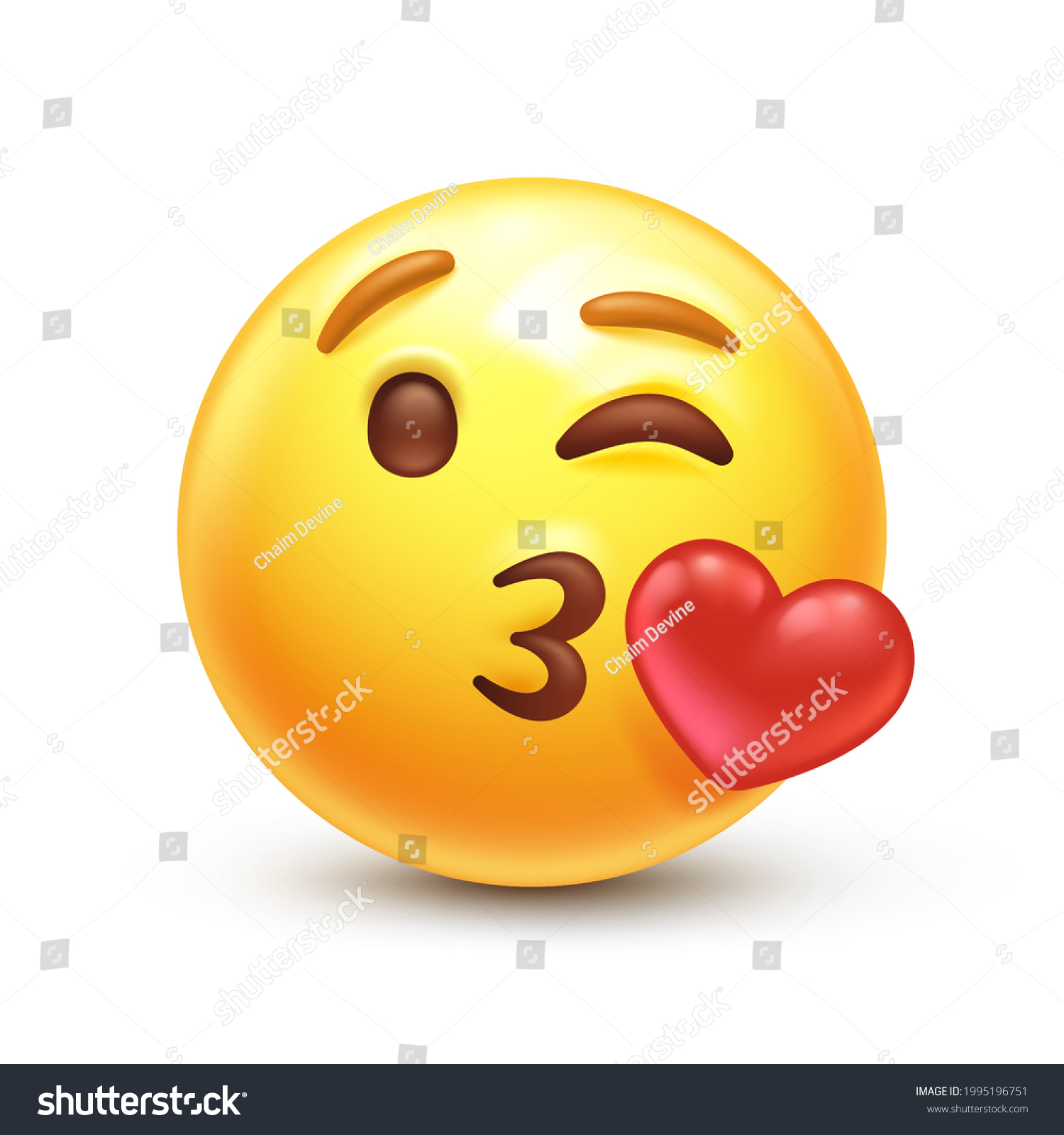 SVG of Kiss emoji. Love emoticon with lips blowing a kiss, winking yellow face with red heart 3D stylized vector icon svg