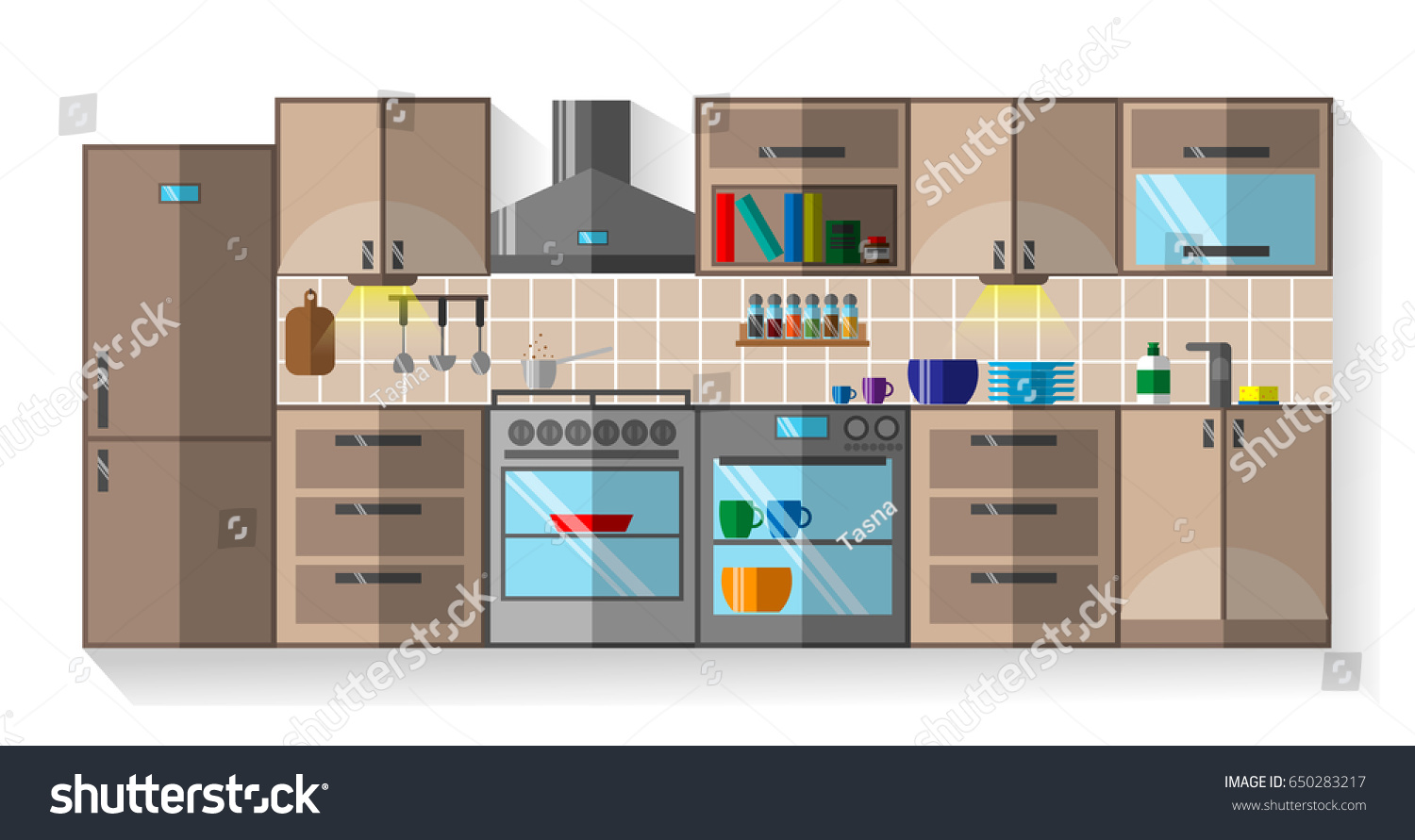 Stock Vector Kitchen Flat Design Kitchen With Furniture Dishes And Fridge Cupboard Kitchen Stove Kitchen 650283217 