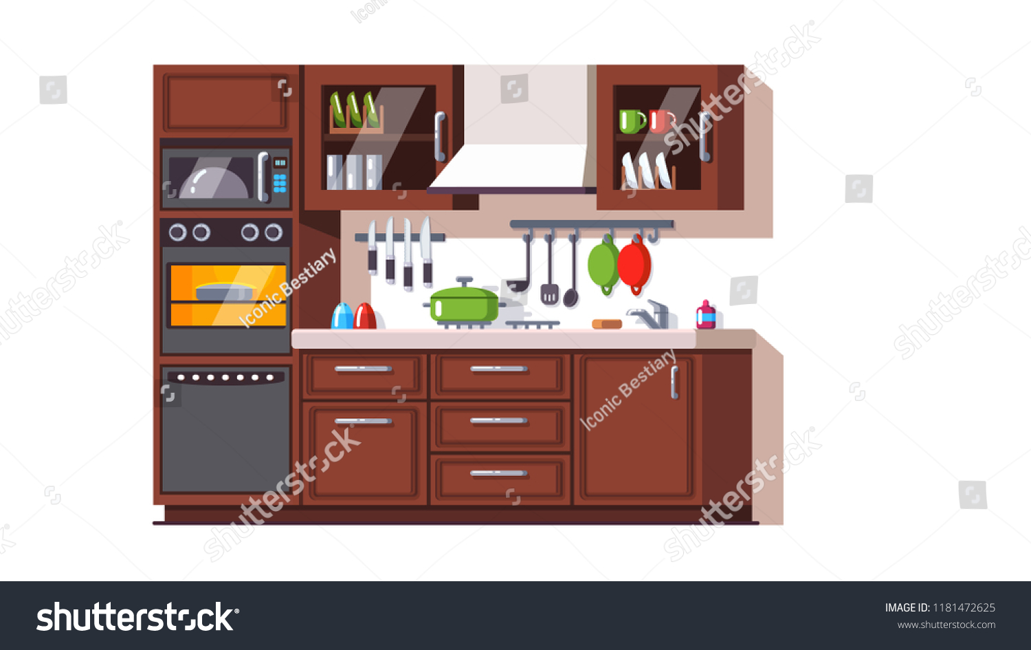 Kitchen Furniture Appliances Utensils Cabinets Oven Stock Vector