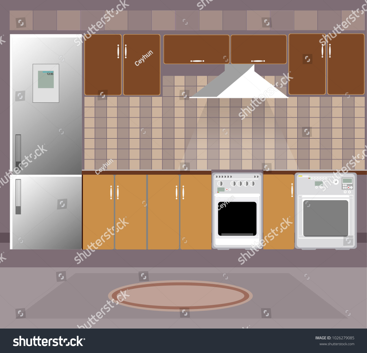Kitchen Room Red Furniture Refrigerator Stove Stock Vector