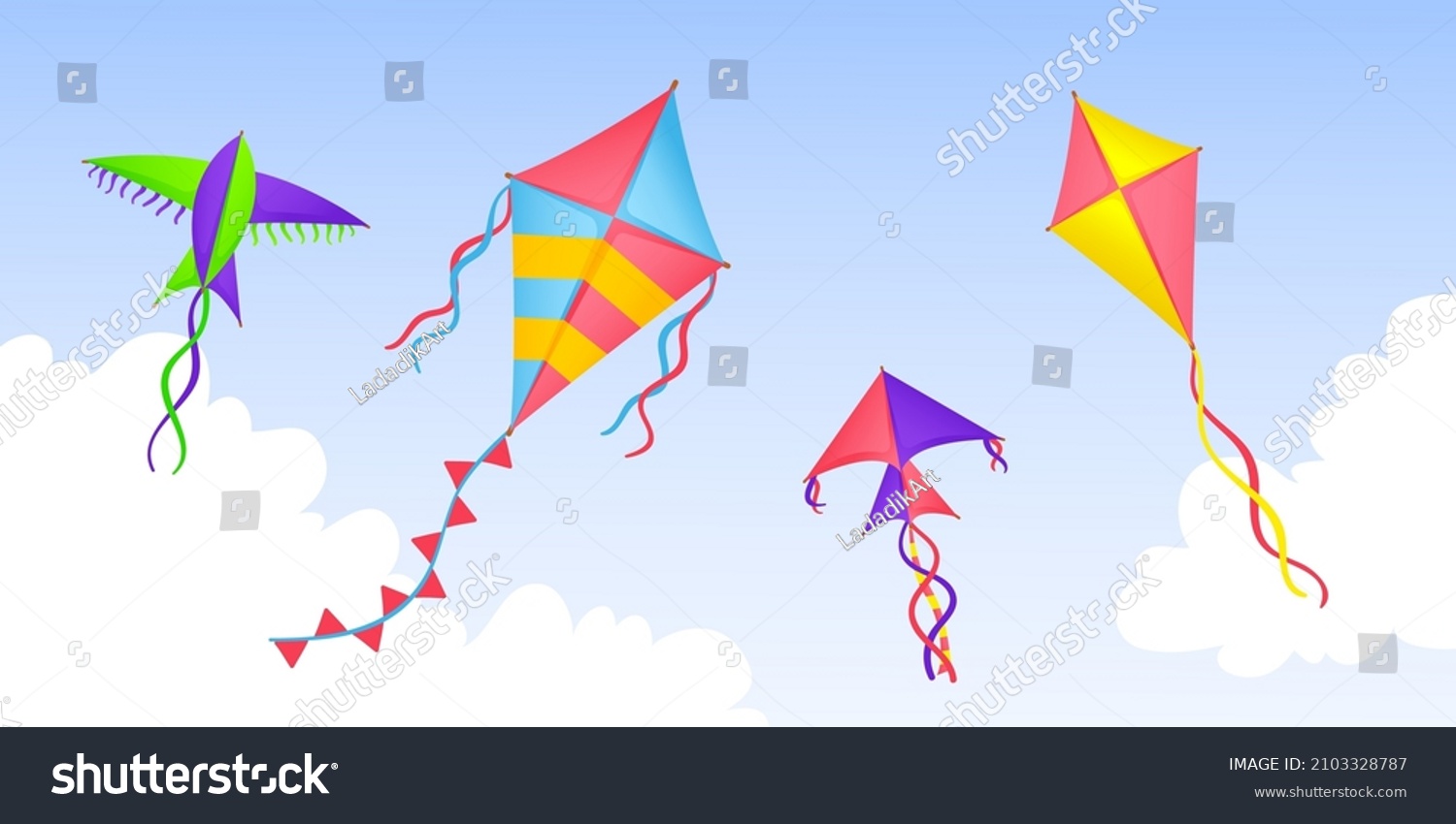 SVG of Kite in sky. Cartoon kites flying in clouds, happy festival banner. Summer outdoor play, kids colorful toys fly in wind. Seasonal neat vector background svg