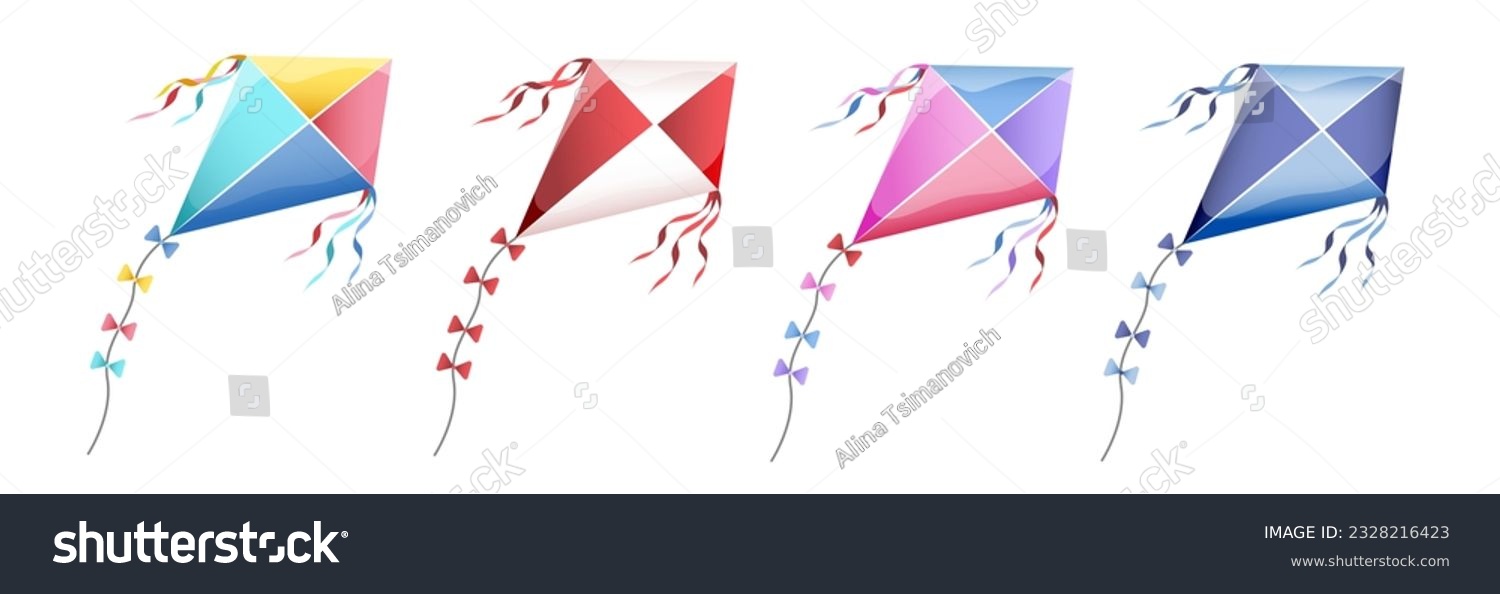 SVG of Kite in sky. Cartoon kites flying in clouds, happy festival banner. Summer outdoor play, kids colorful toys fly in wind. Seasonal neat vector background. Set of kites isolated svg