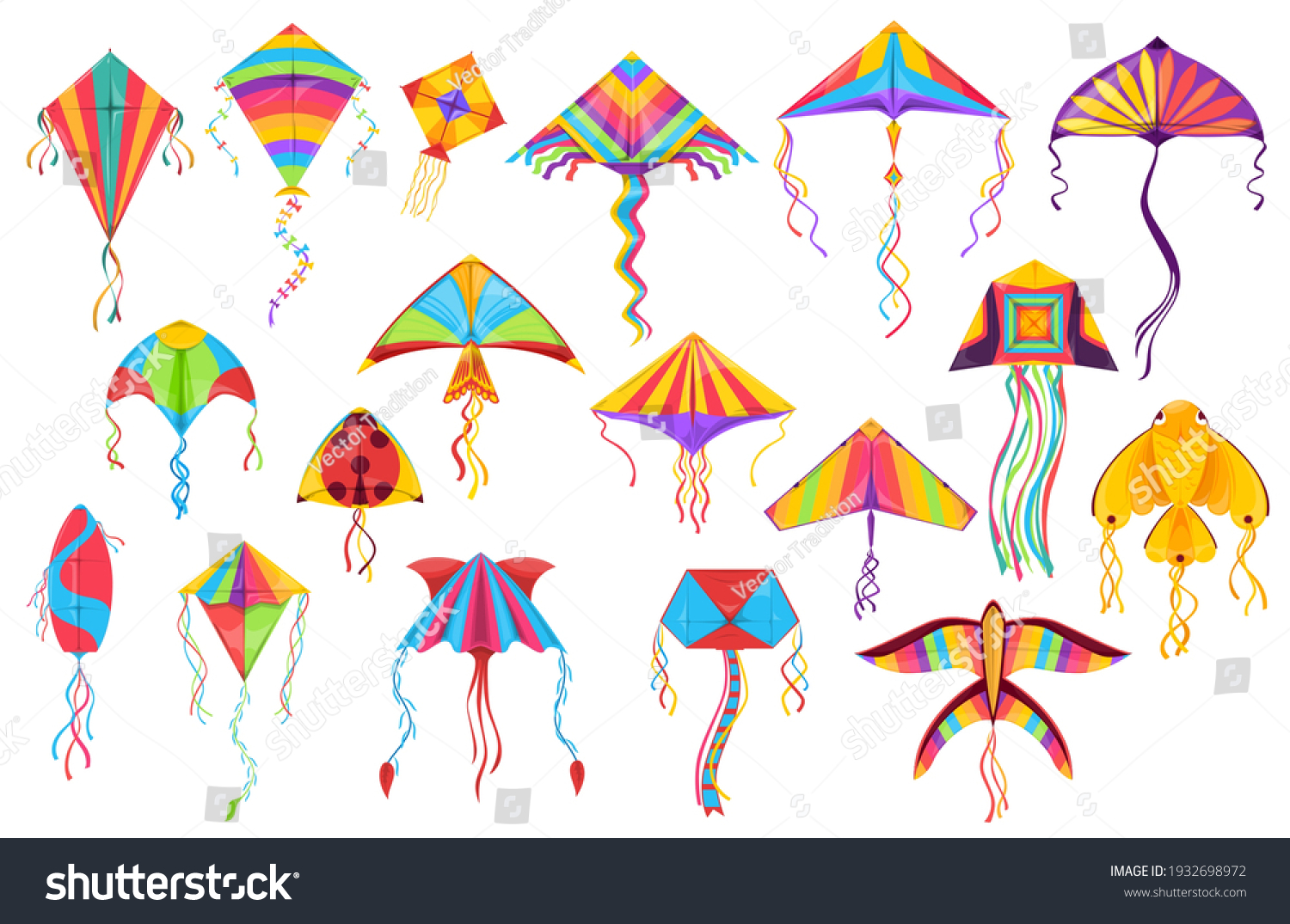 SVG of Kite paper toys cartoon vector of flying wind toys for summer children games and outdoor activity. Kites with colorful strings, tails and ornaments in shape of butterfly, bird, fish and ladybird svg