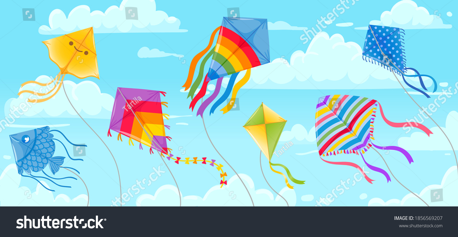 SVG of Kites in sky. Summer blue skies and clouds with kite on string flying in wind. Kites festival banner. Outdoor fun hobby vector background. Illustration kite in air sky, different outdoor toys svg
