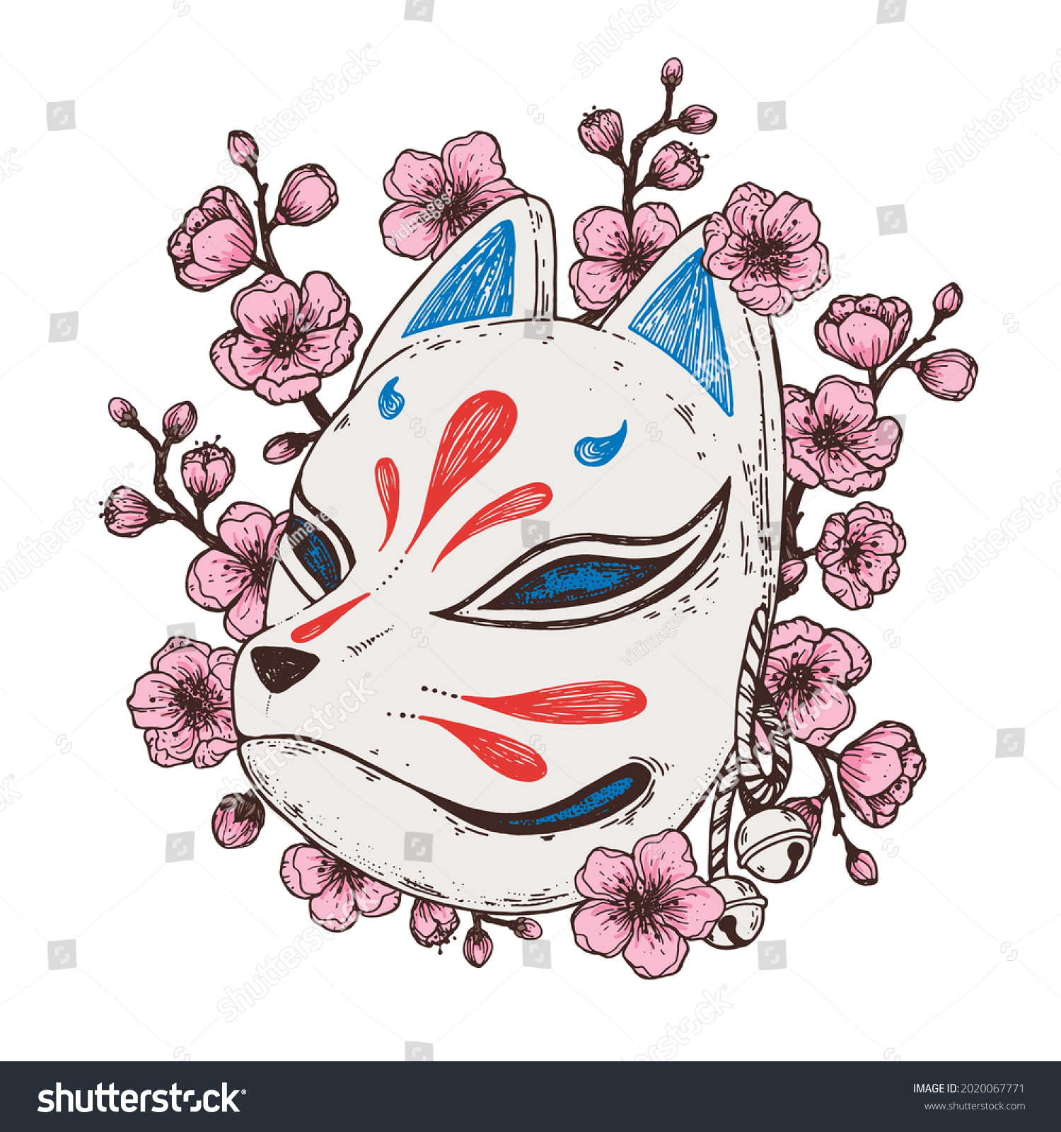 Kitsune Mask Sakura Flower Hand Drawn Stock Vector (Royalty Free ...