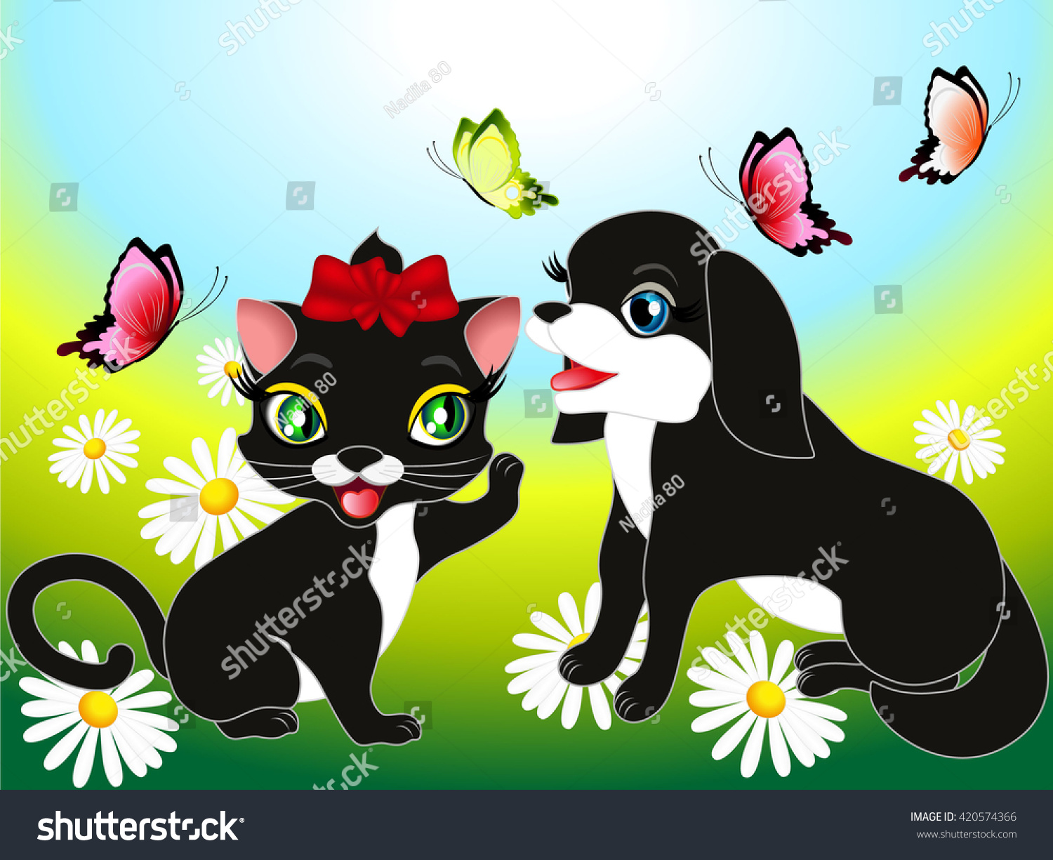 SVG of Kitten and the dog on the meadow. svg