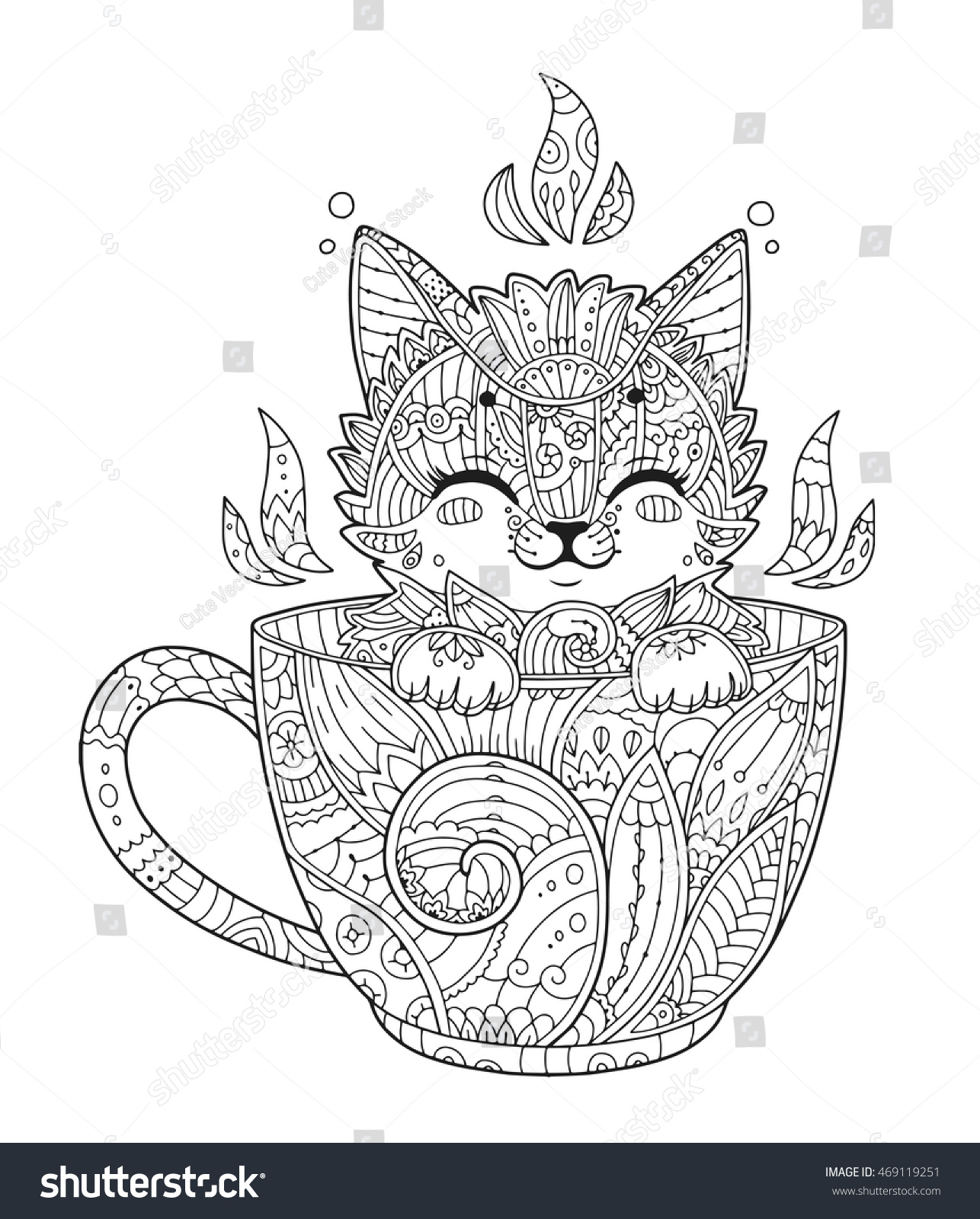 Download Kitten Cup Adult Antistress Coloring Page Stock Vector ...