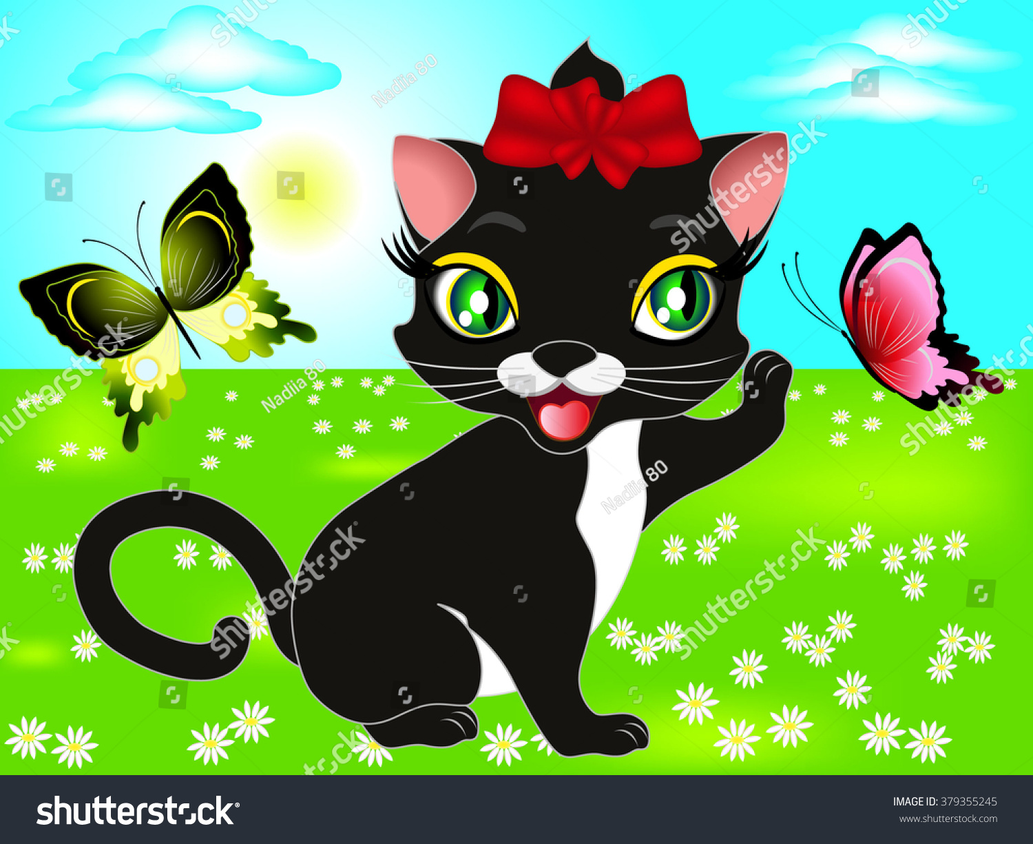SVG of Kitten playing with butterflies in the meadow. svg