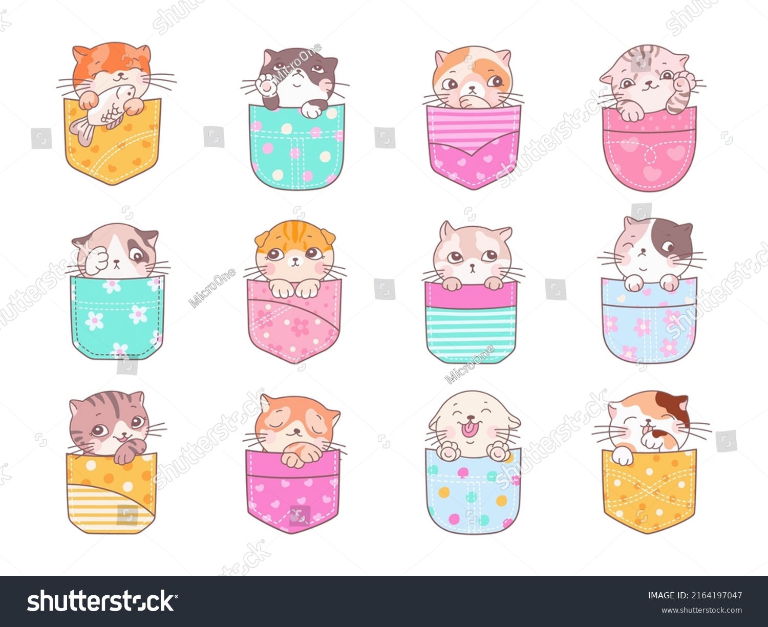 SVG of Kittens in pockets. Kawaii pocket kitten, happy cute little cat t-shirt prints. Emotional cats face, baby playful design. Adorable nowaday vector cartoon animals svg