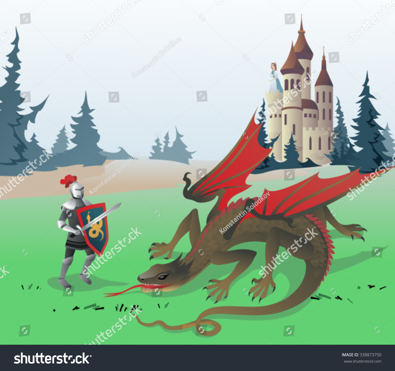 Knight Fighting Dragon Vector Illustration Medieval Stock Vector ...